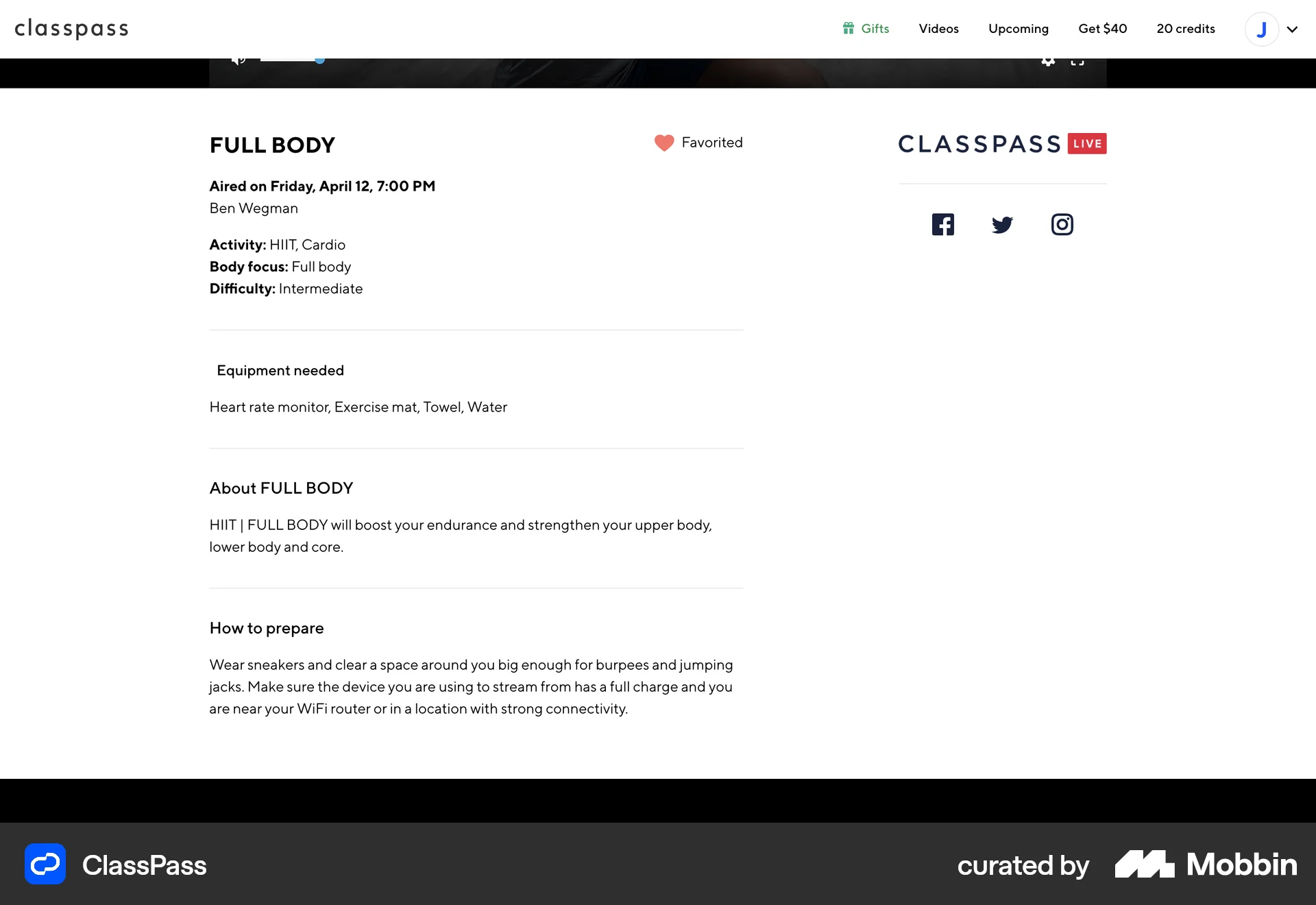 ClassPass Web Favorite & Pin screen