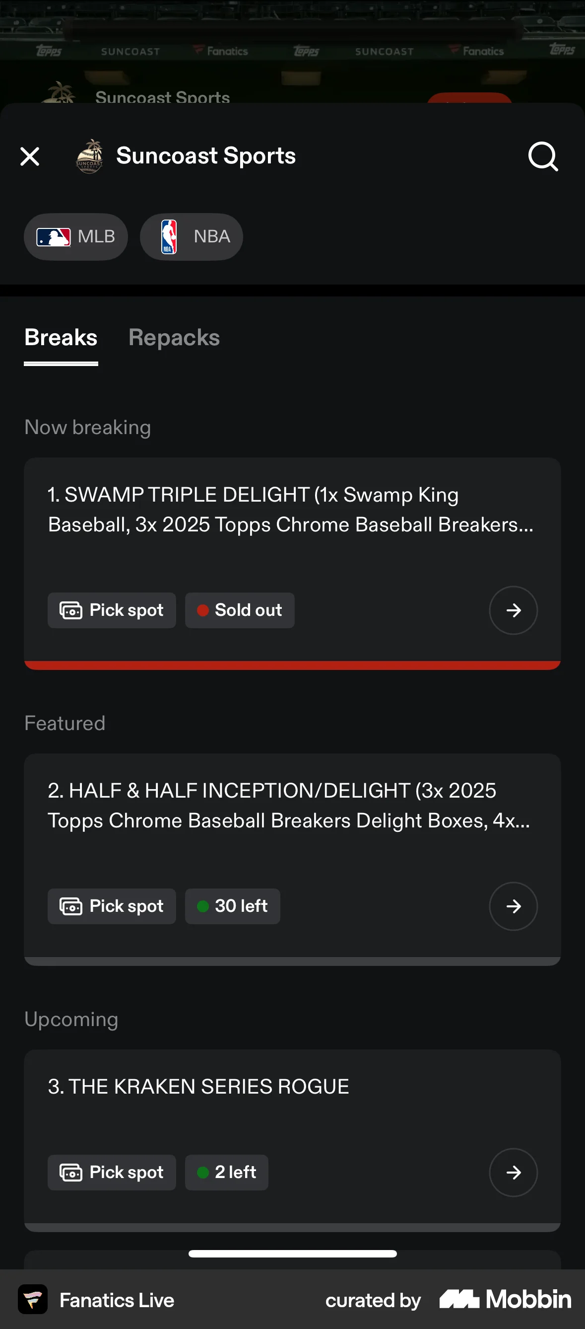 Fanatics Live iOS screen containing Badge UI element
