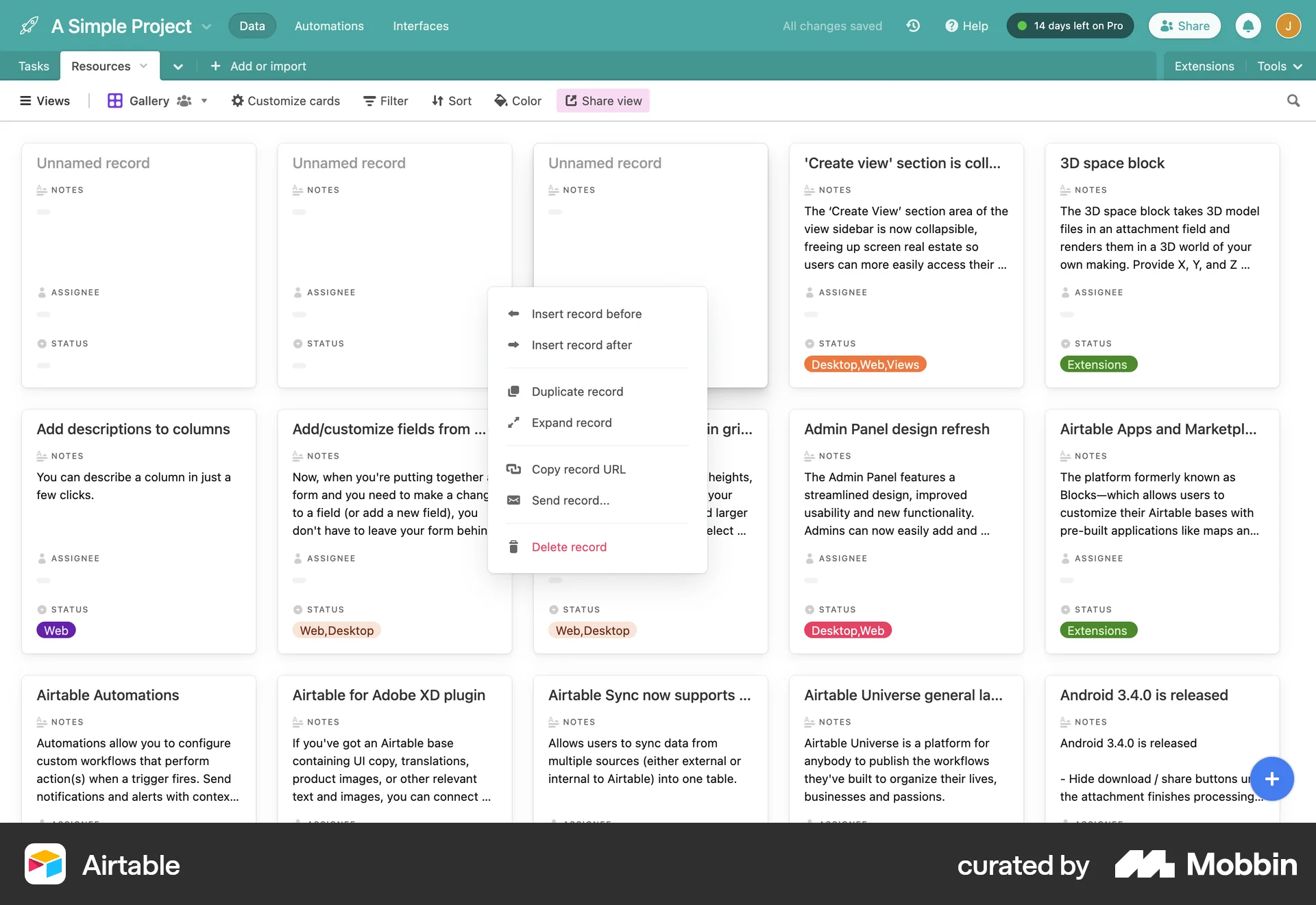 Airtable Web screen containing Context Menu UI element
