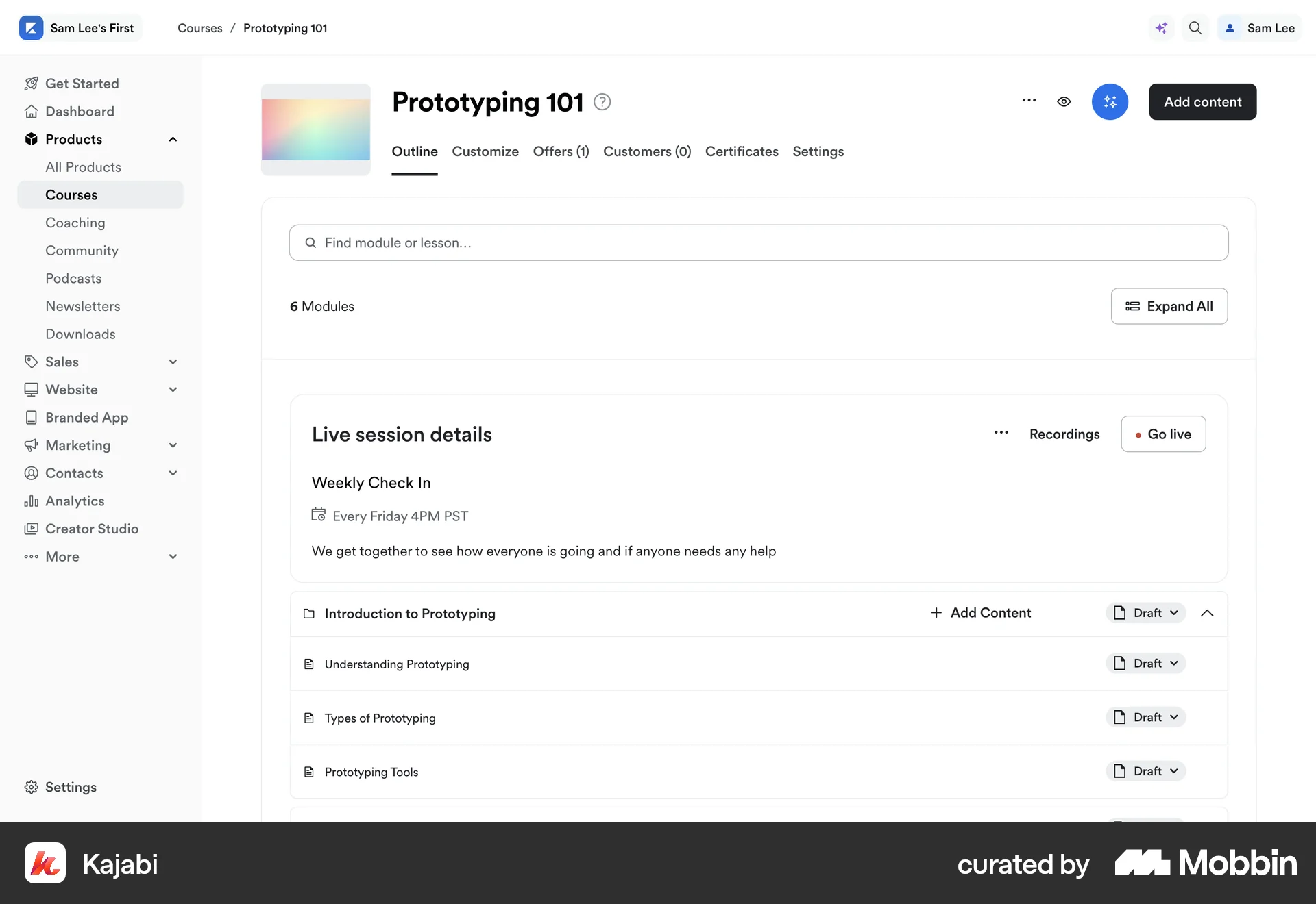 Kajabi Web Class & Lesson Detail screen