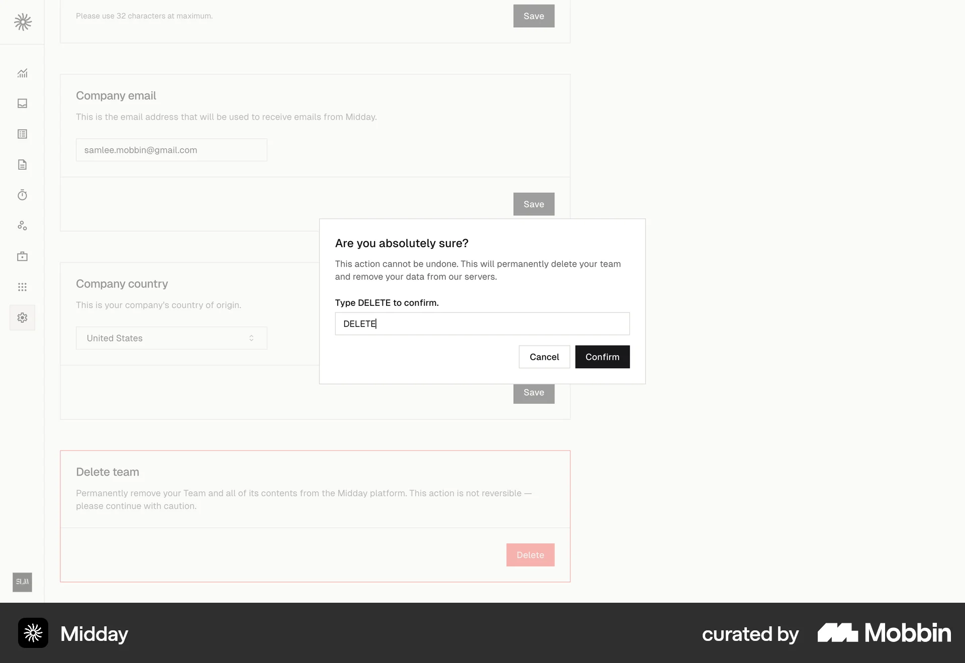Midday Web Confirmation screen