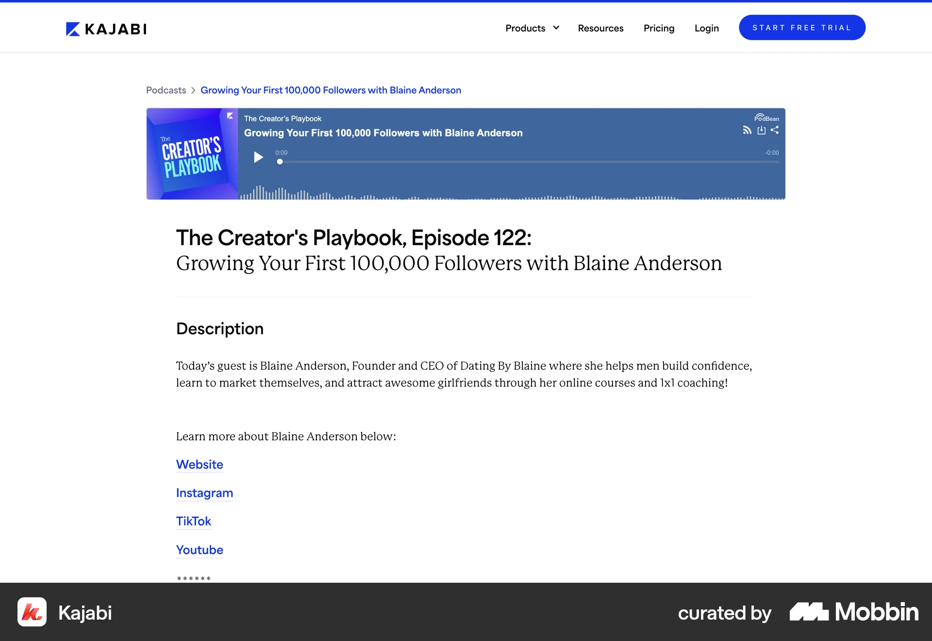 Kajabi Web Song & Podcast Detail screen