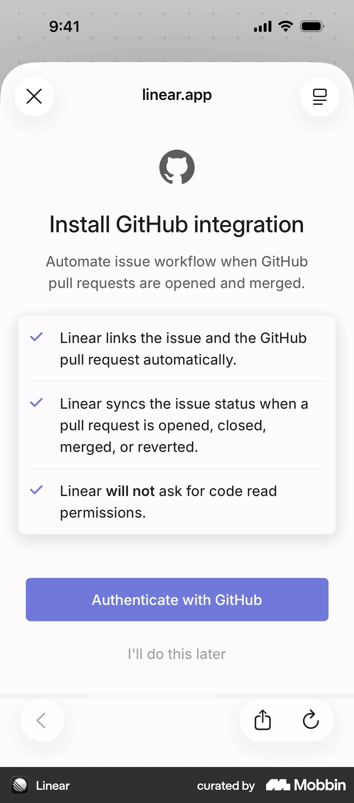 Linear Mobile Onboarding screen