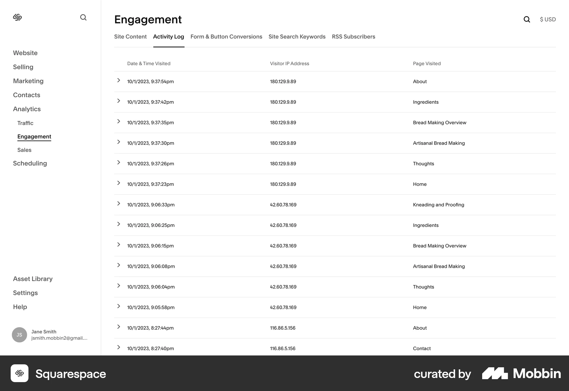 Squarespace Web Log Dashboard screen