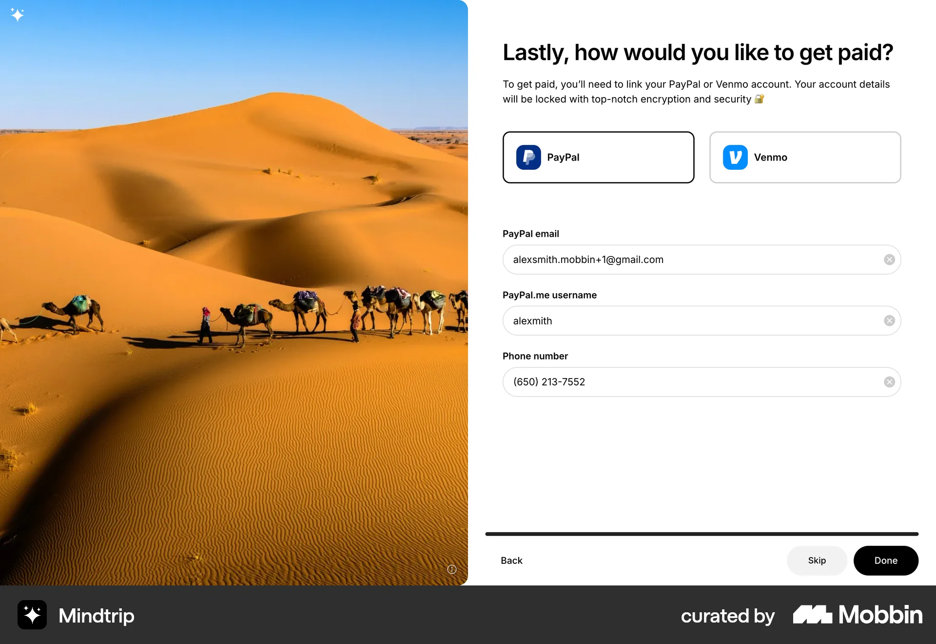 Mindtrip Web Account Setup screen