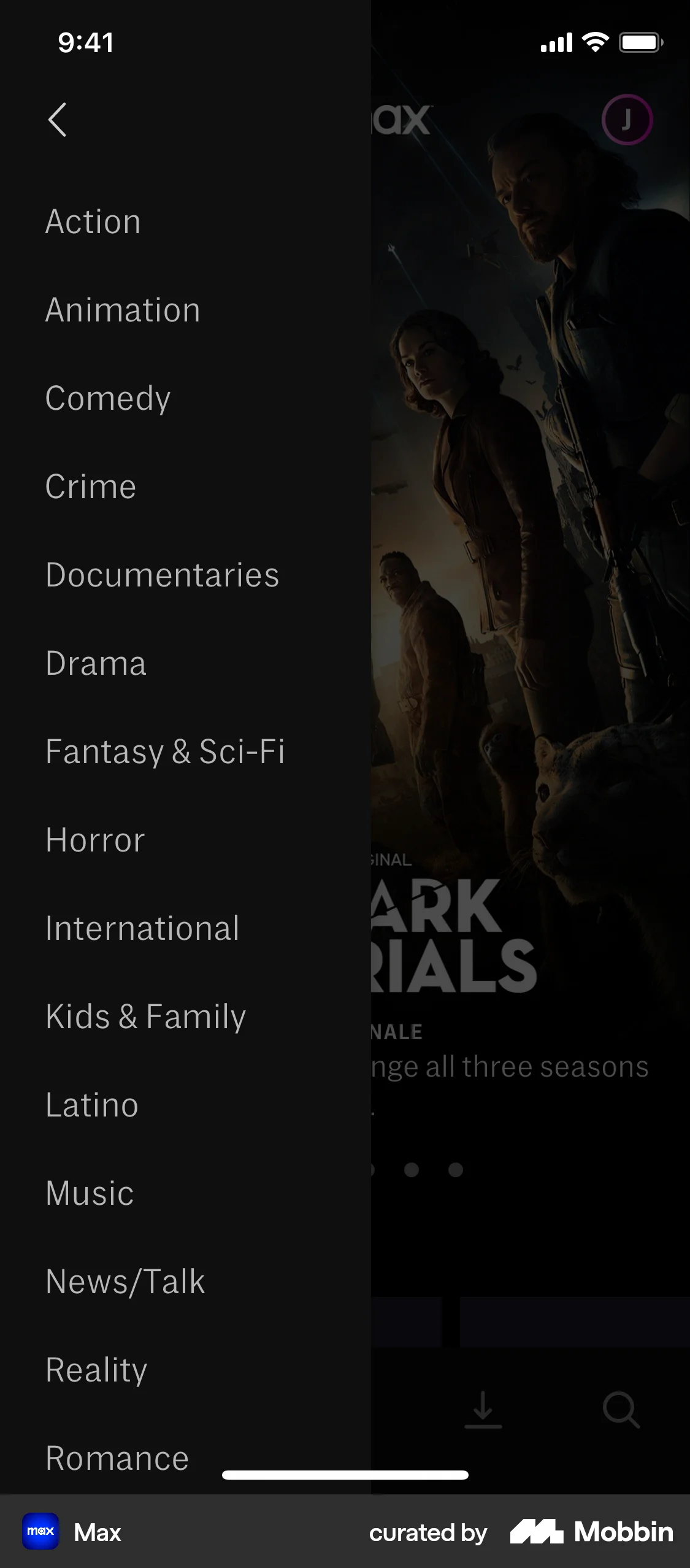 HBO Max iOS screen containing Side Navigation UI element
