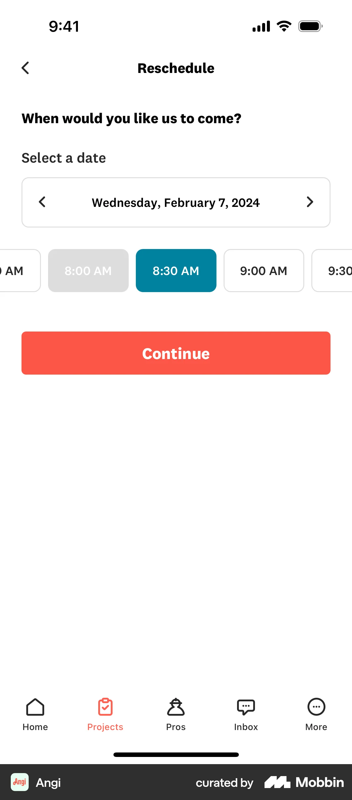Angi iOS screen containing Time Picker UI element