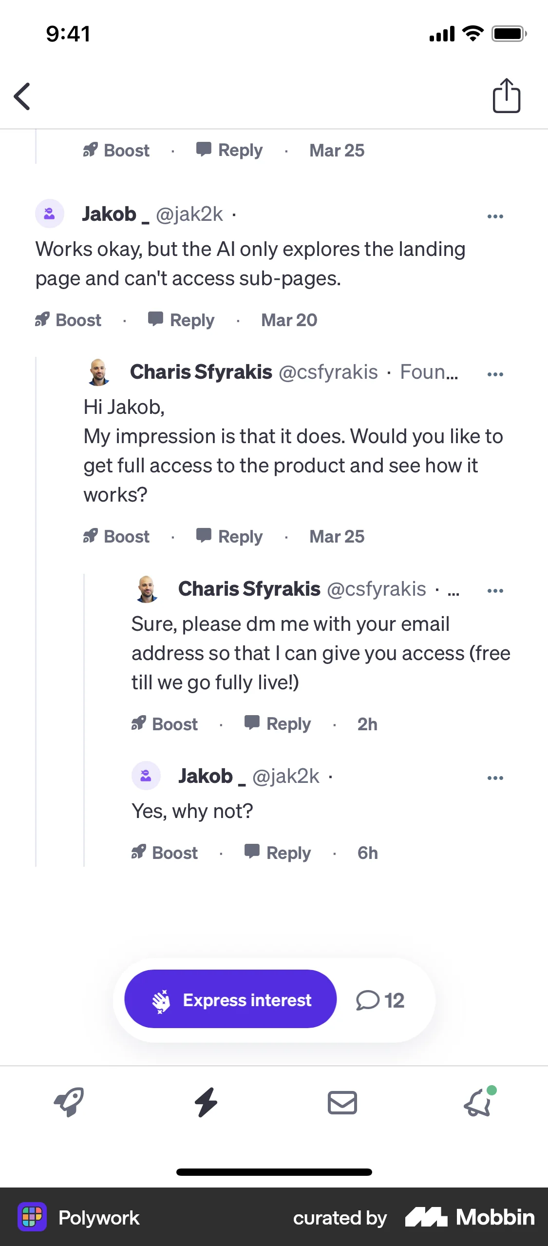 Polywork iOS Comments screen