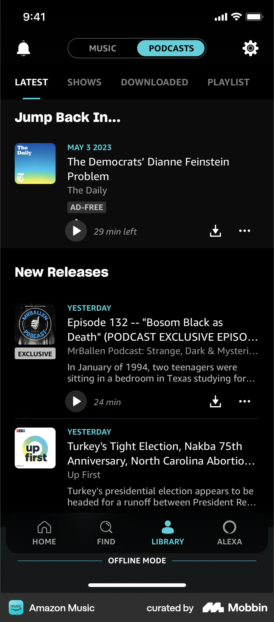Amazon Music iOS Downloads & Available Offline screen
