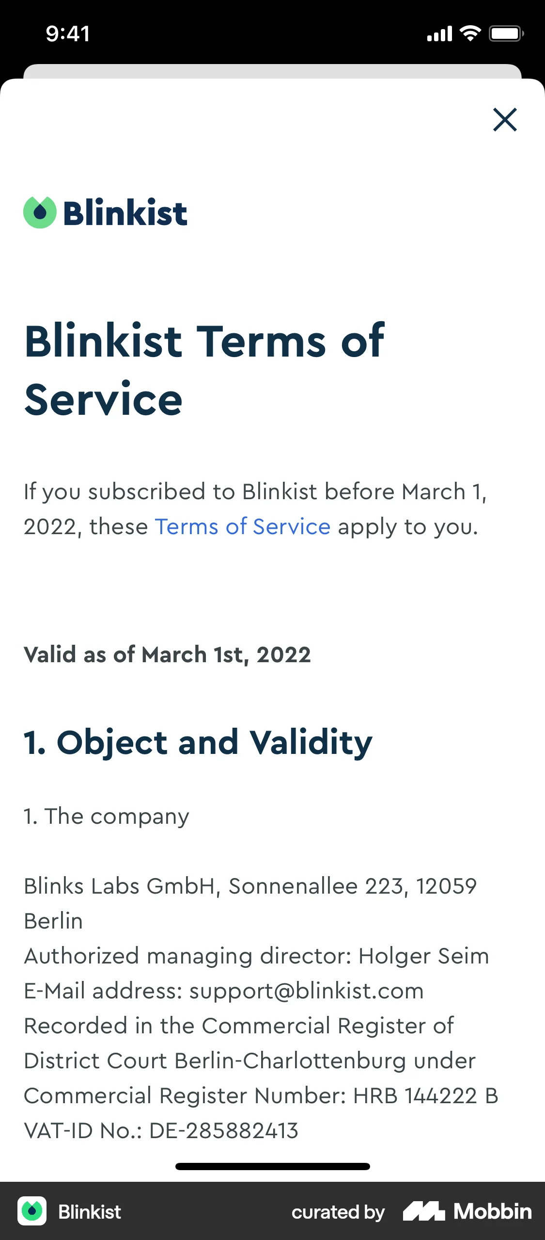 Blinkist iOS Terms & Conditions screen