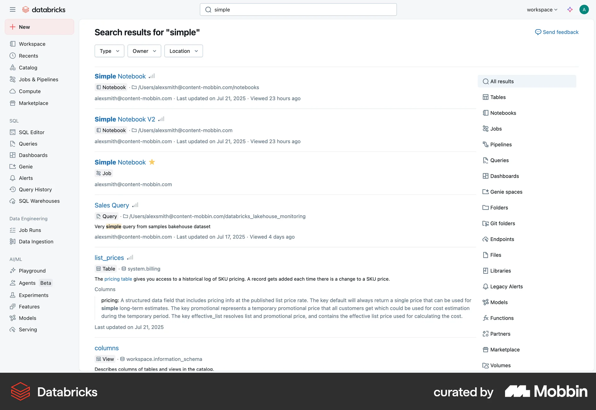 Databricks Web Search screen