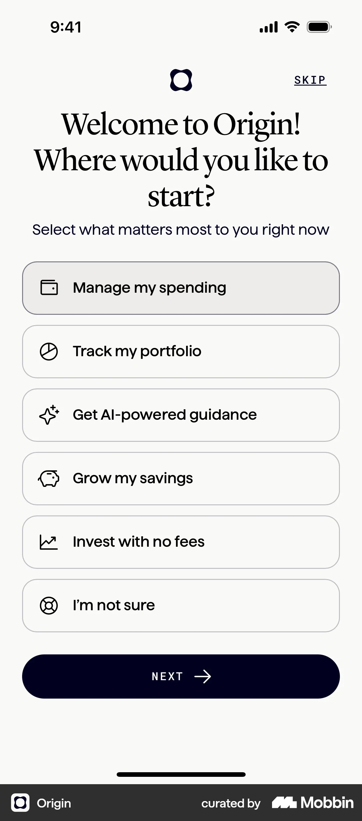Origin iOS Account Setup screen