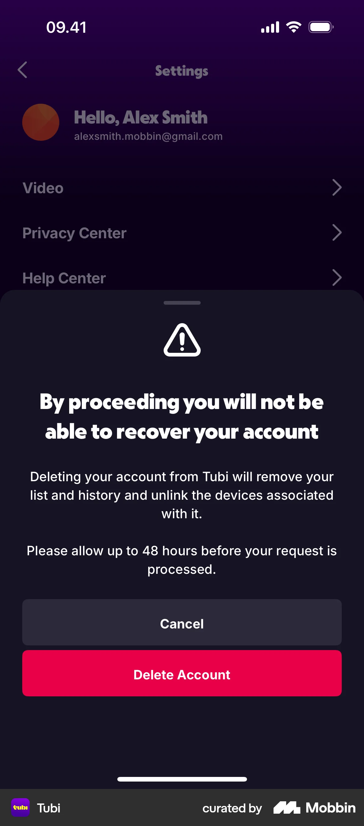 Tubi iOS Delete & Deactivate Account screen