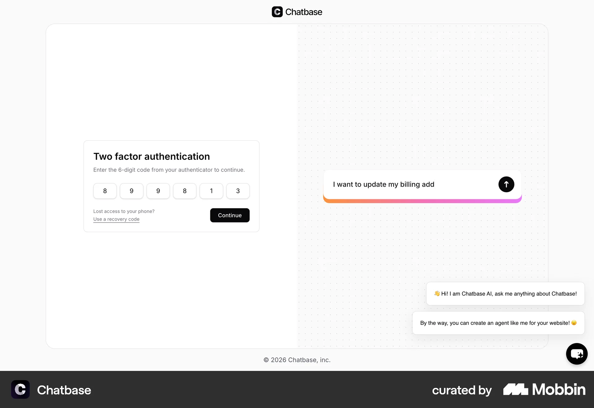 Chatbase Logging in screen
