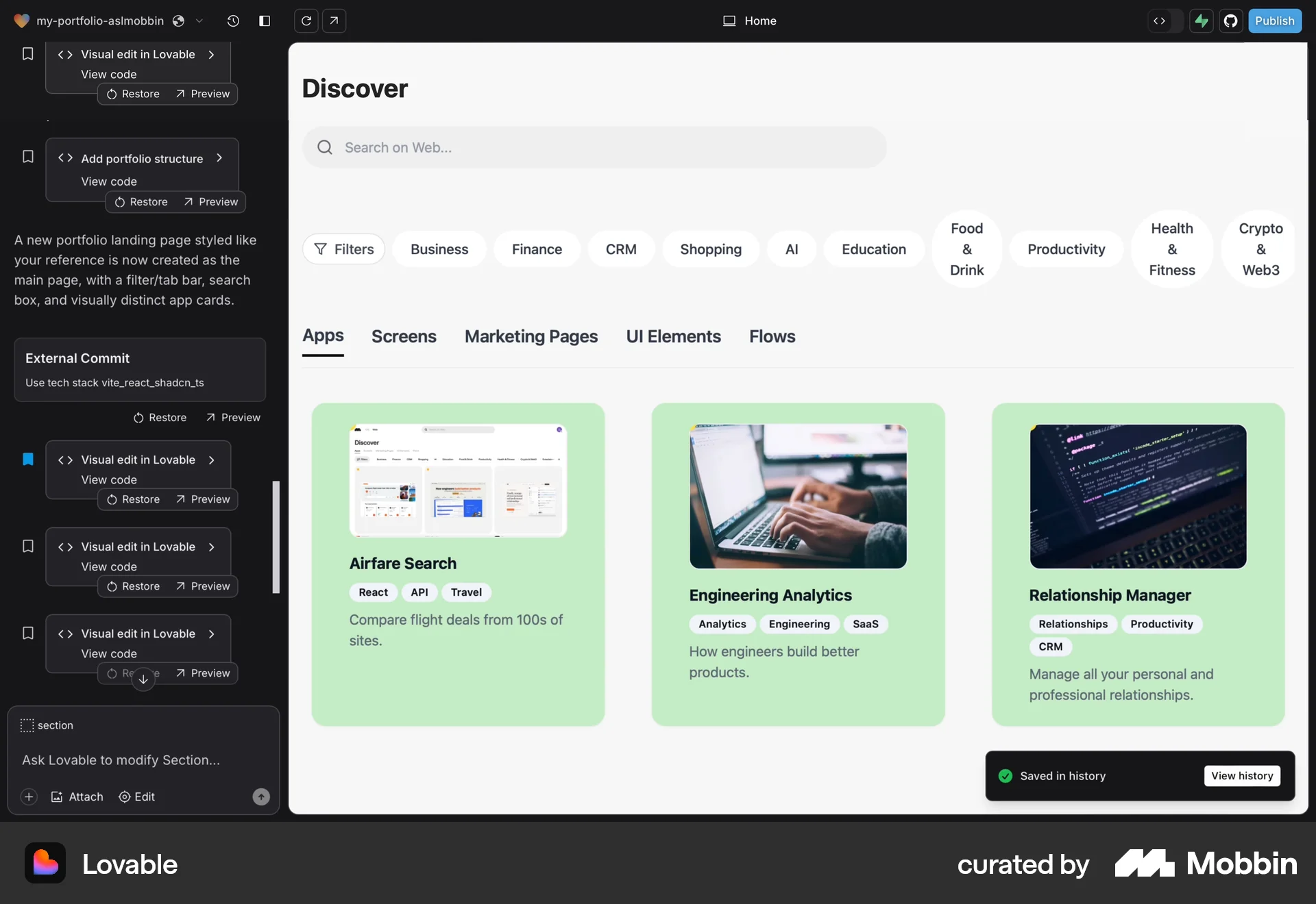 Lovable Web Save screen
