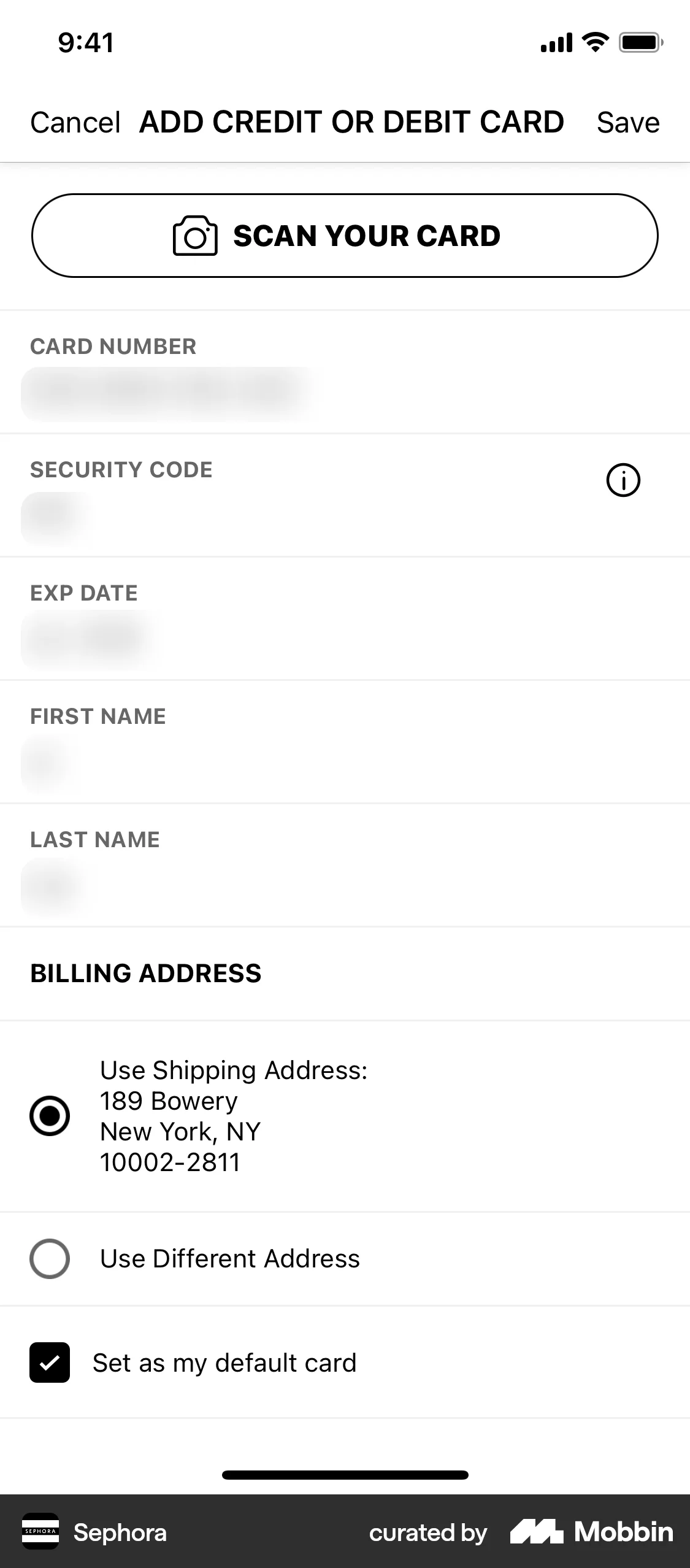 Sephora iOS Payment Method screen