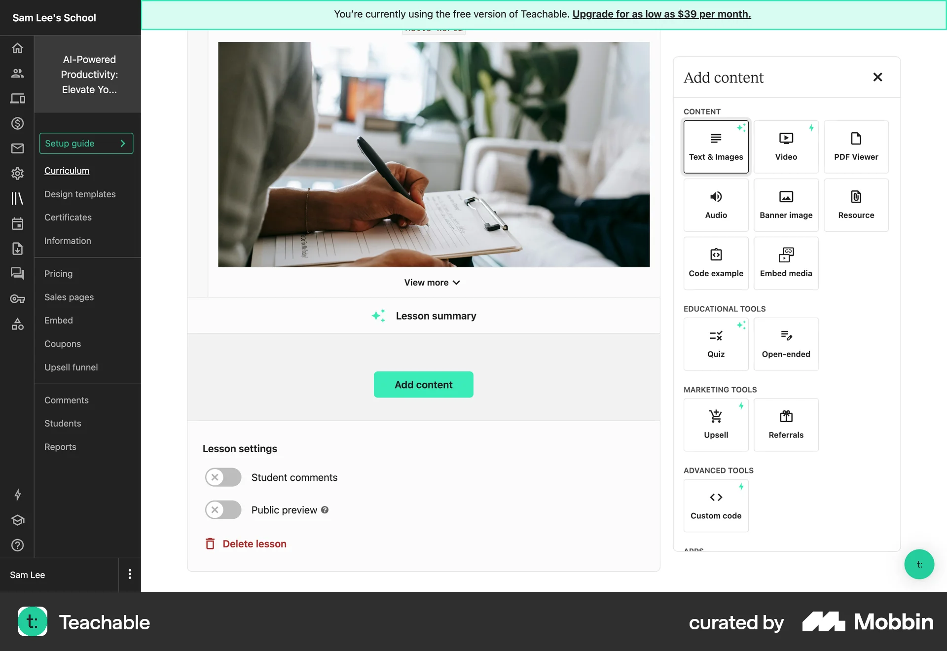 Teachable Web screen containing Tile UI element
