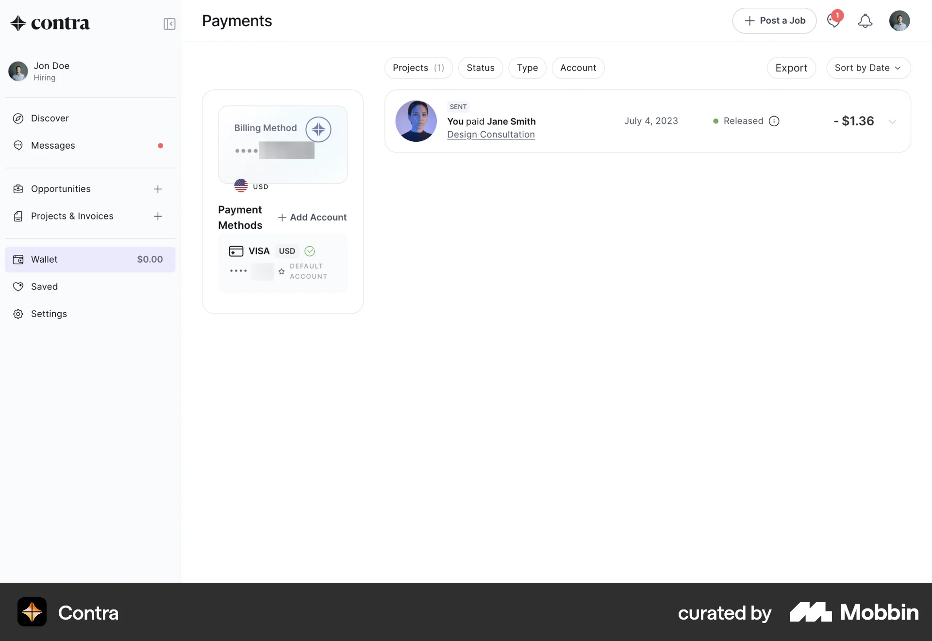 Contra Web Wallet & Balance screen