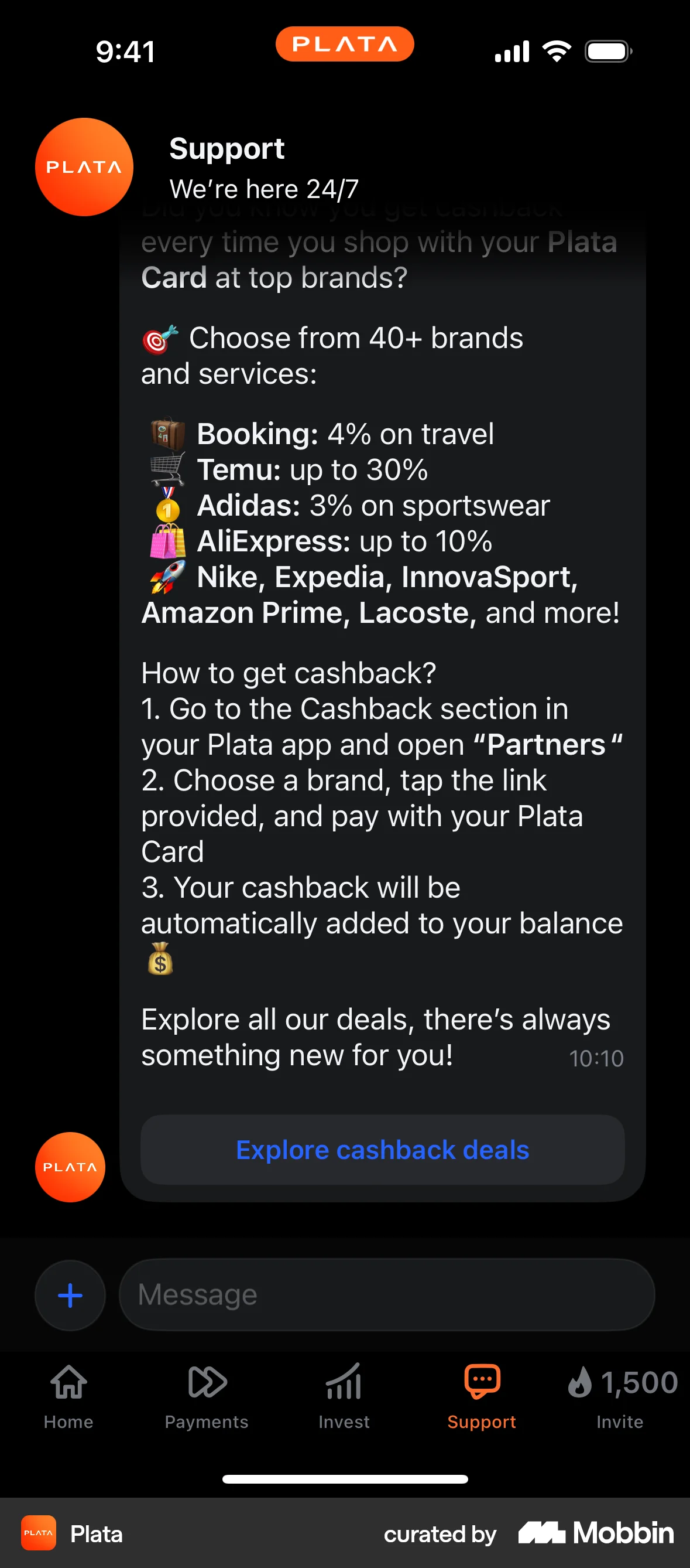 Plata Card iOS Dark Mode screen