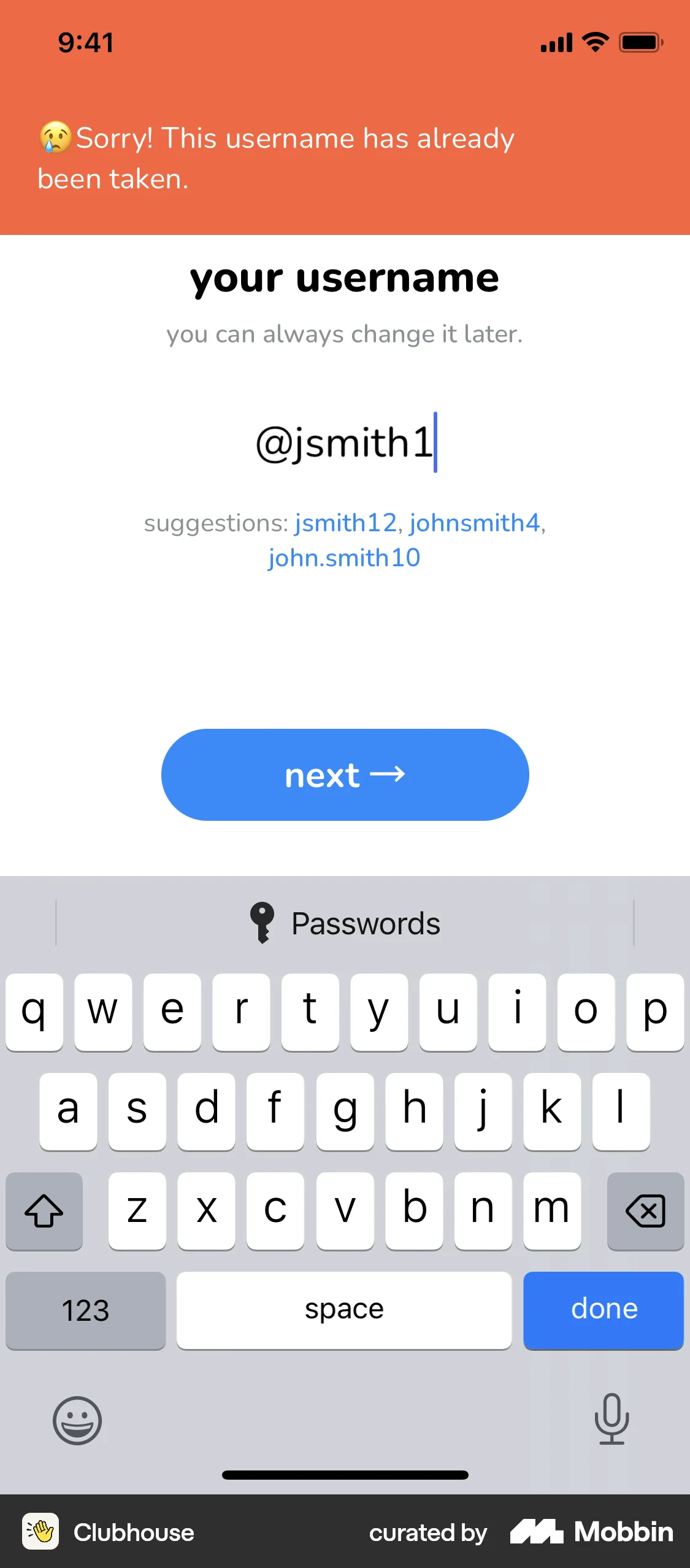 Clubhouse iOS screen containing Toast UI element