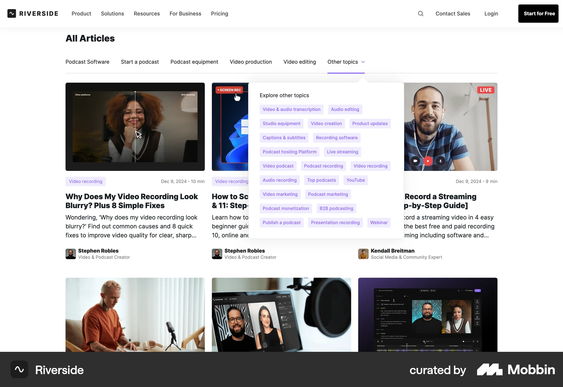 Riverside Web screen containing Dropdown Menu UI element