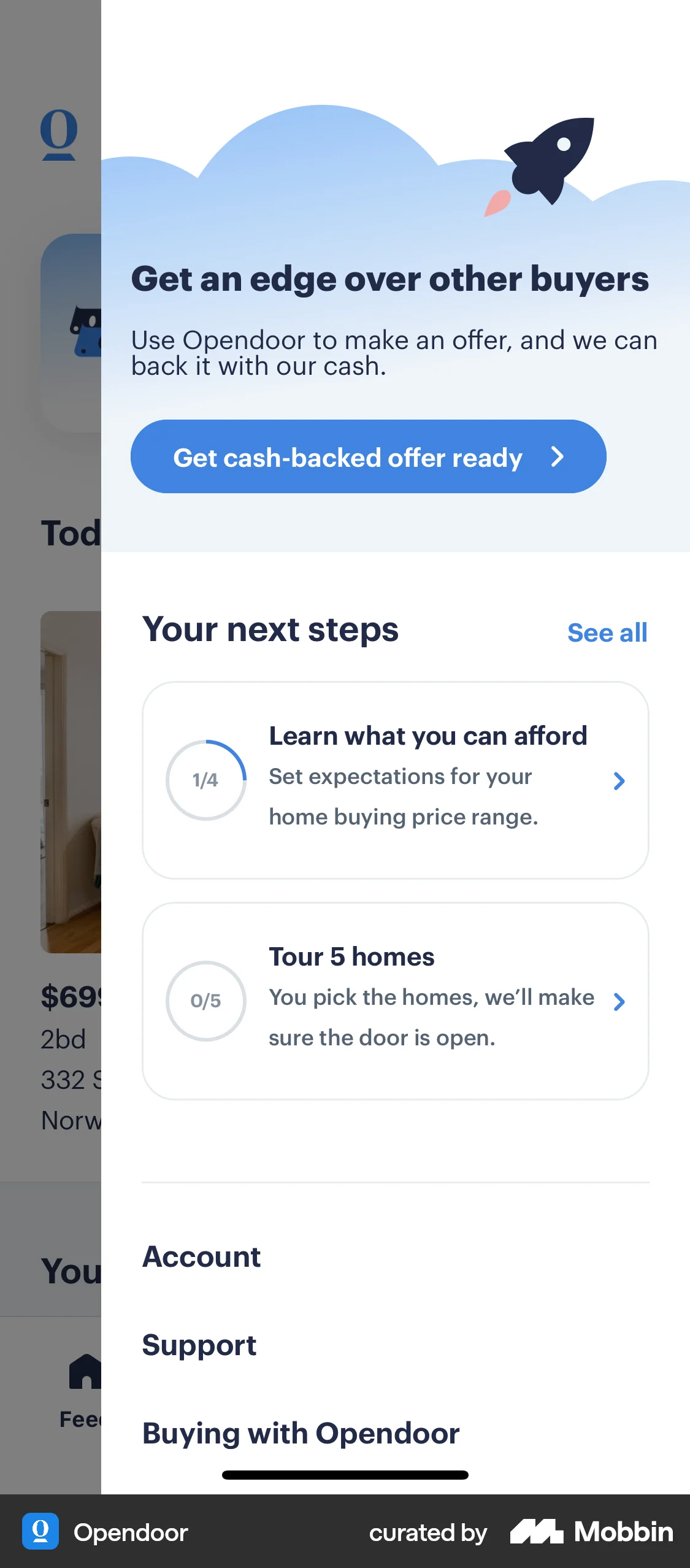 Opendoor iOS screen containing Side Navigation UI element