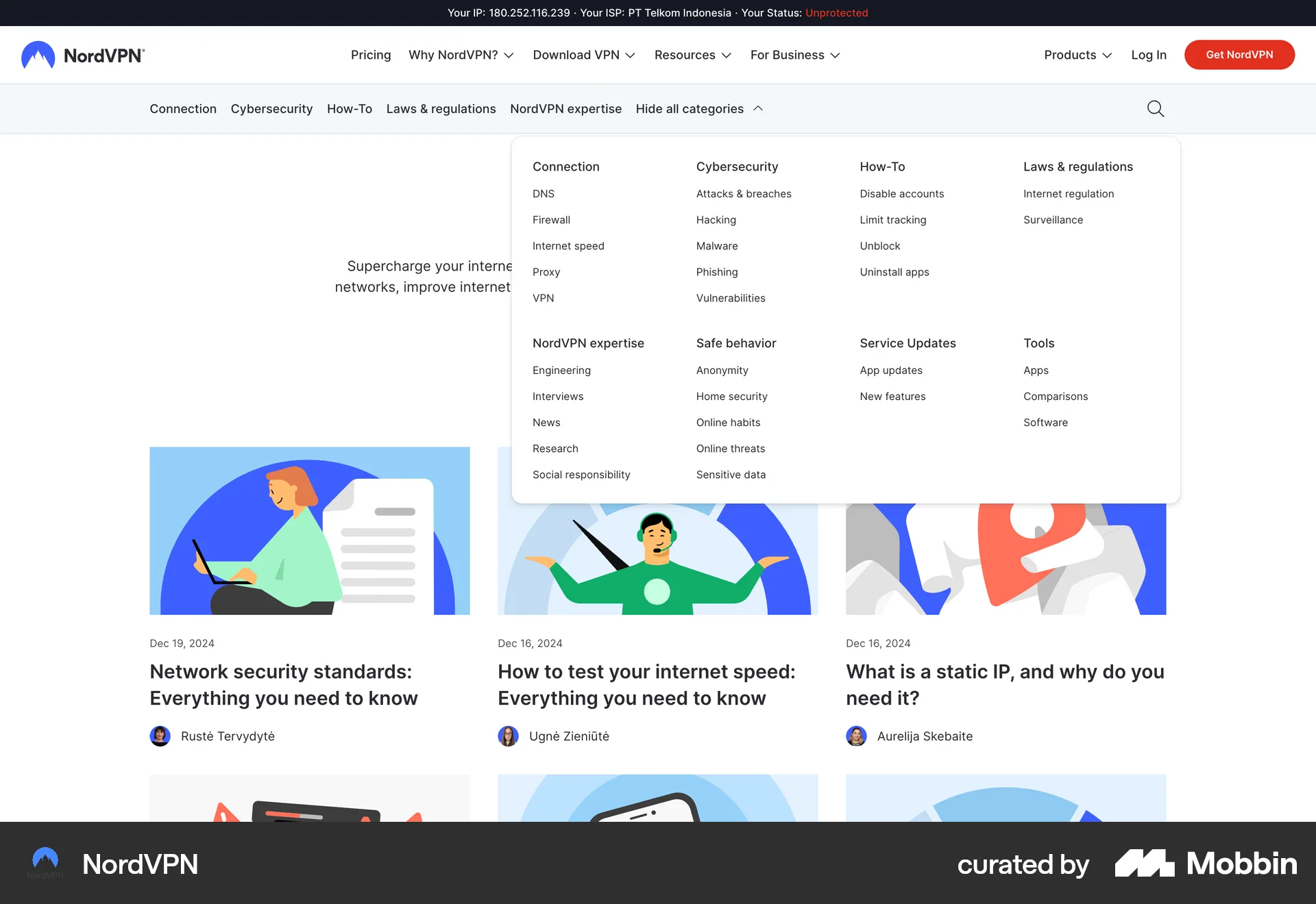 NordVPN Web screen containing Navigation Menu UI element