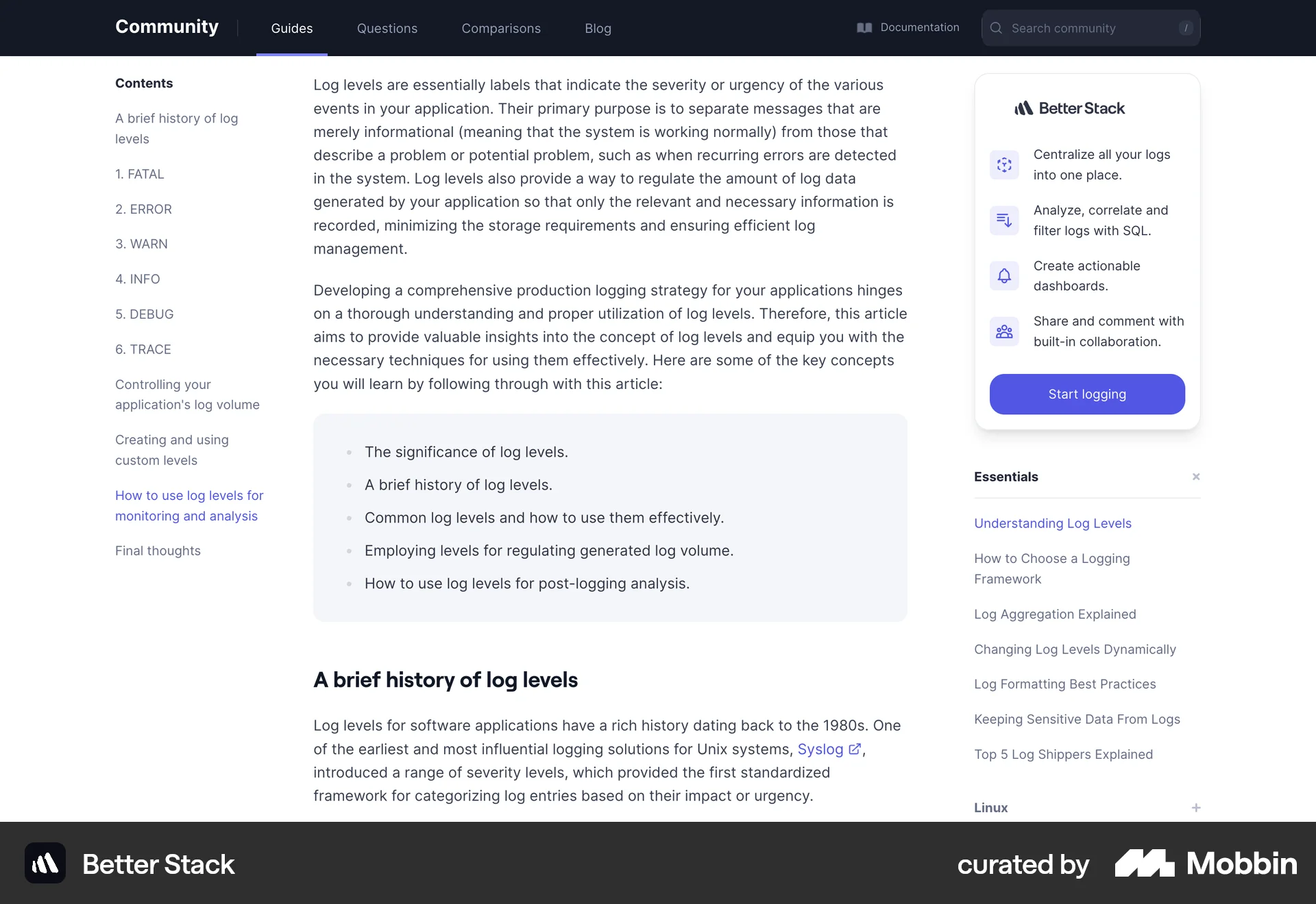 Better Stack Web screen containing Table of Contents UI element