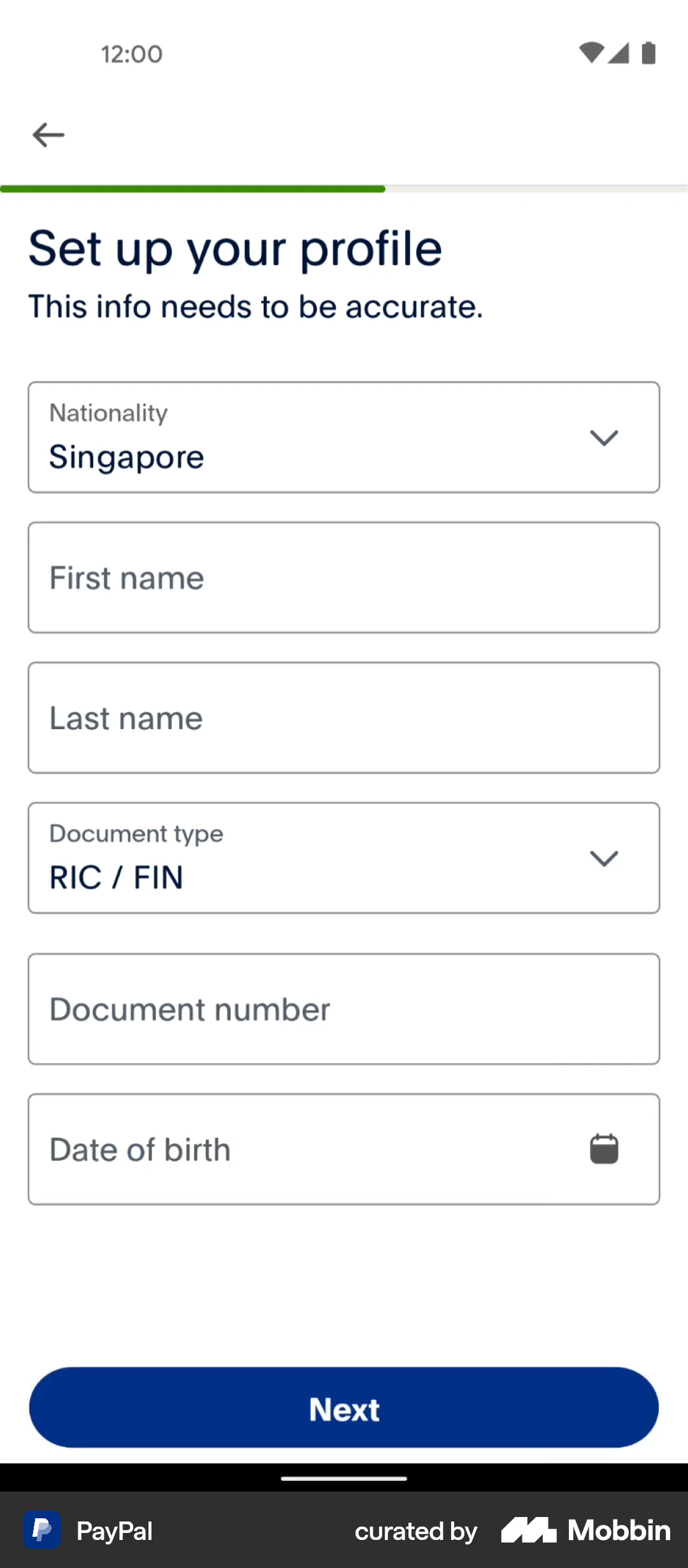 PayPal Android screen containing Dropdown Menu UI element