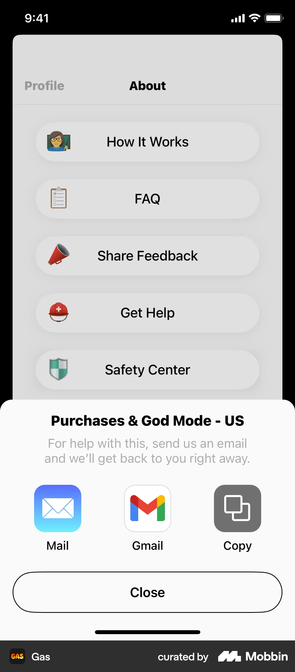 Gas iOS Help & Support screen