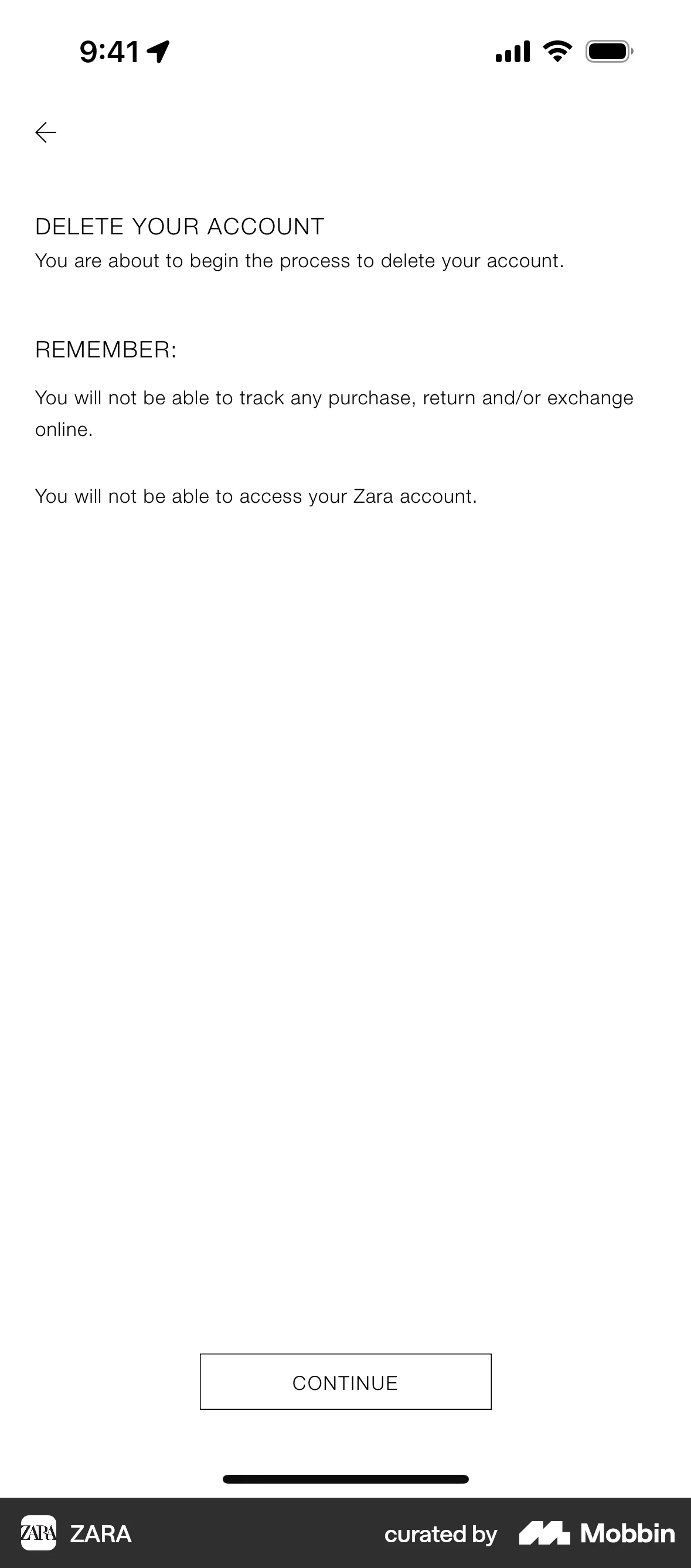 ZARA iOS Delete & Deactivate Account screen