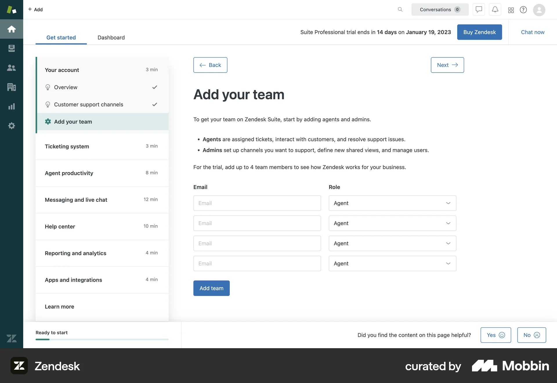 Zendesk Web Invite Teammates screen