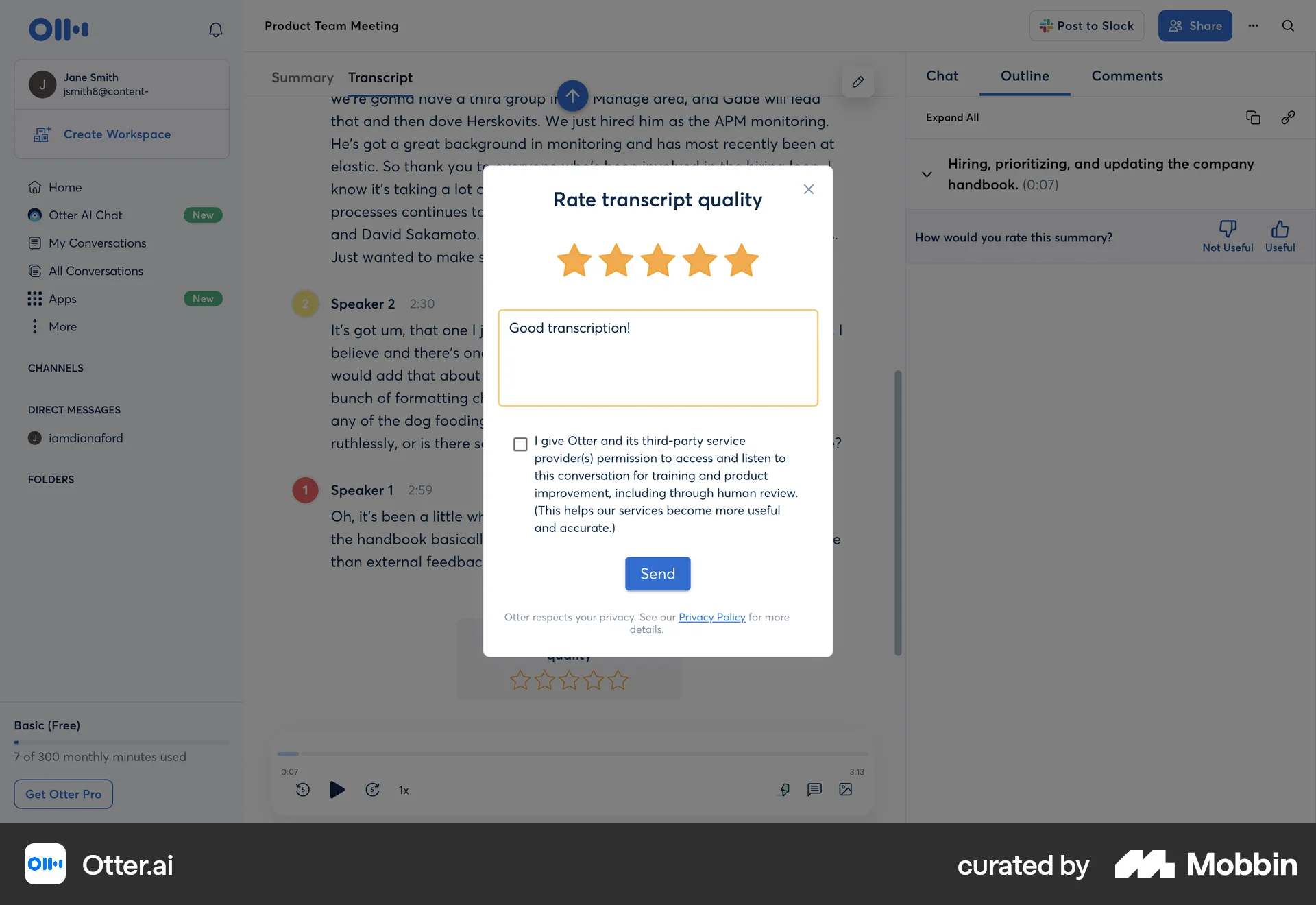 Otter.ai Web screen containing Rating Control UI element