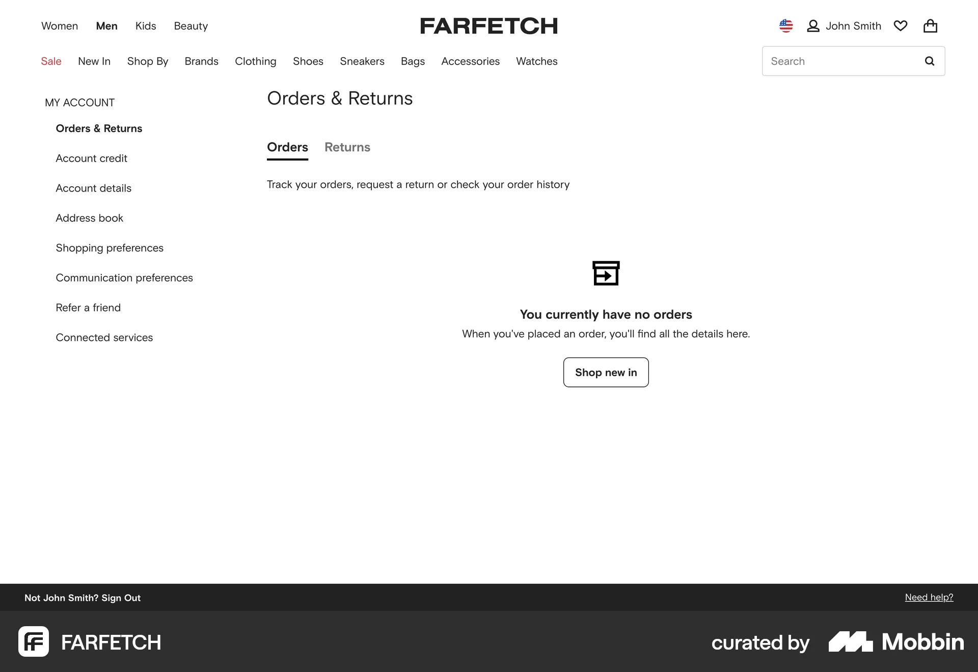 FARFETCH Web Order History screen