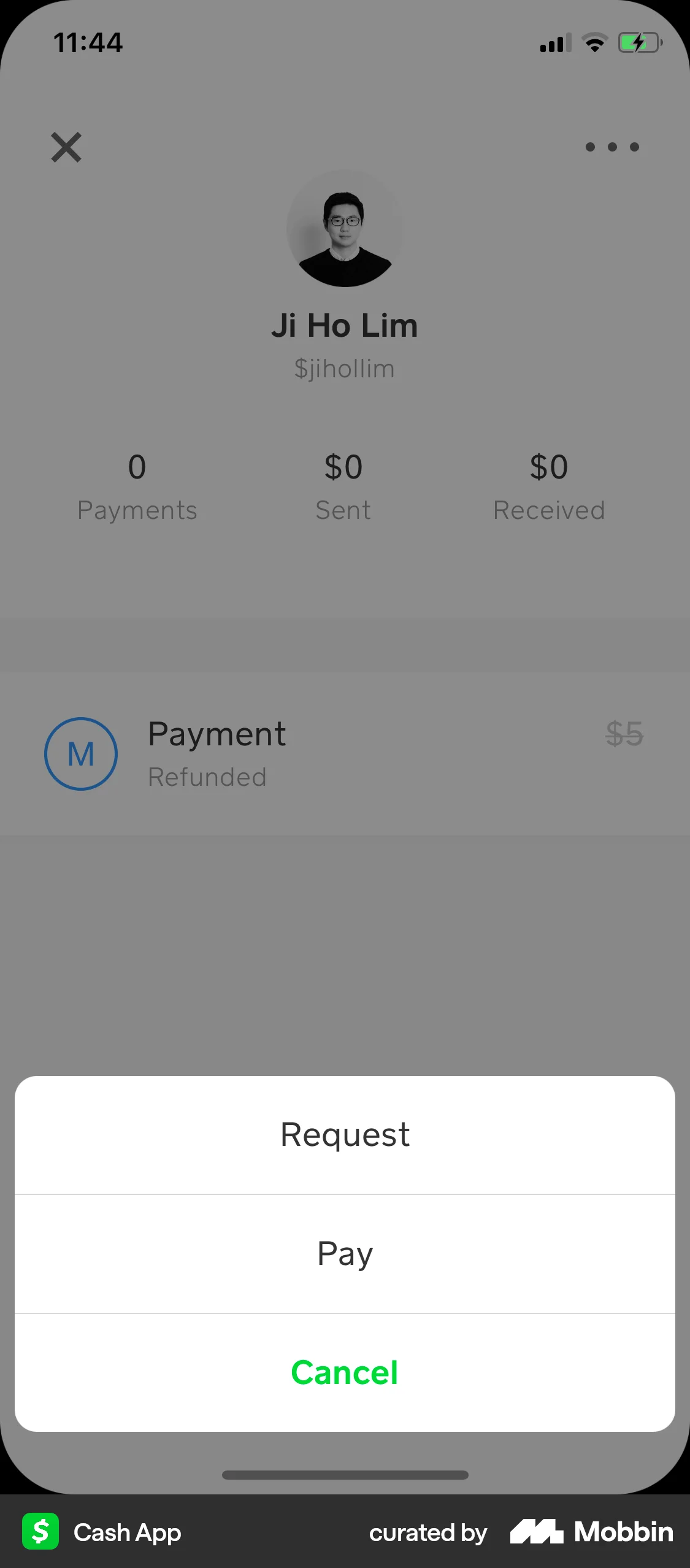 Cash App iOS screen containing Action Sheet UI element