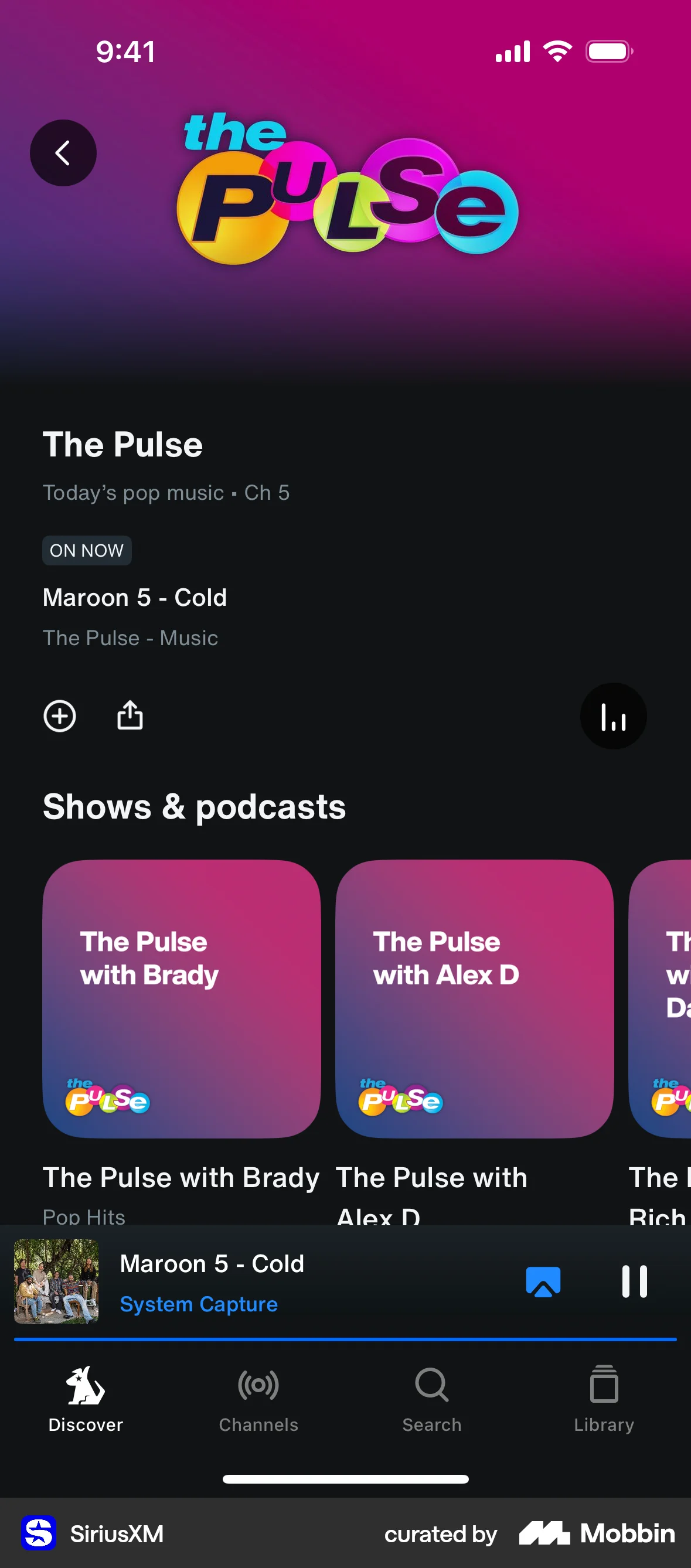 SiriusXM iOS Audio Player screen
