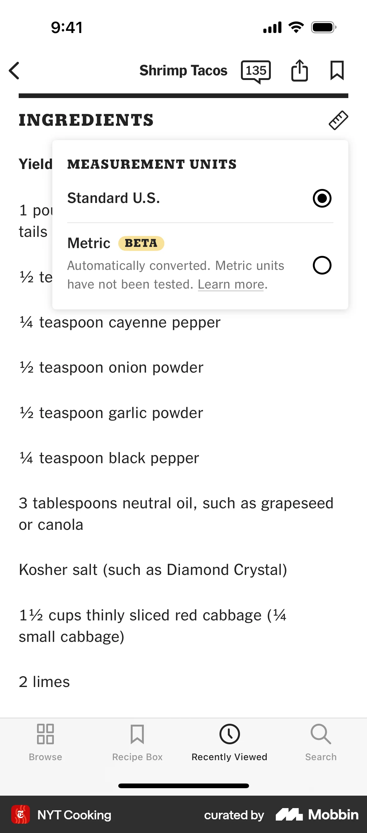 NYT Cooking iOS screen containing Dropdown Menu UI element