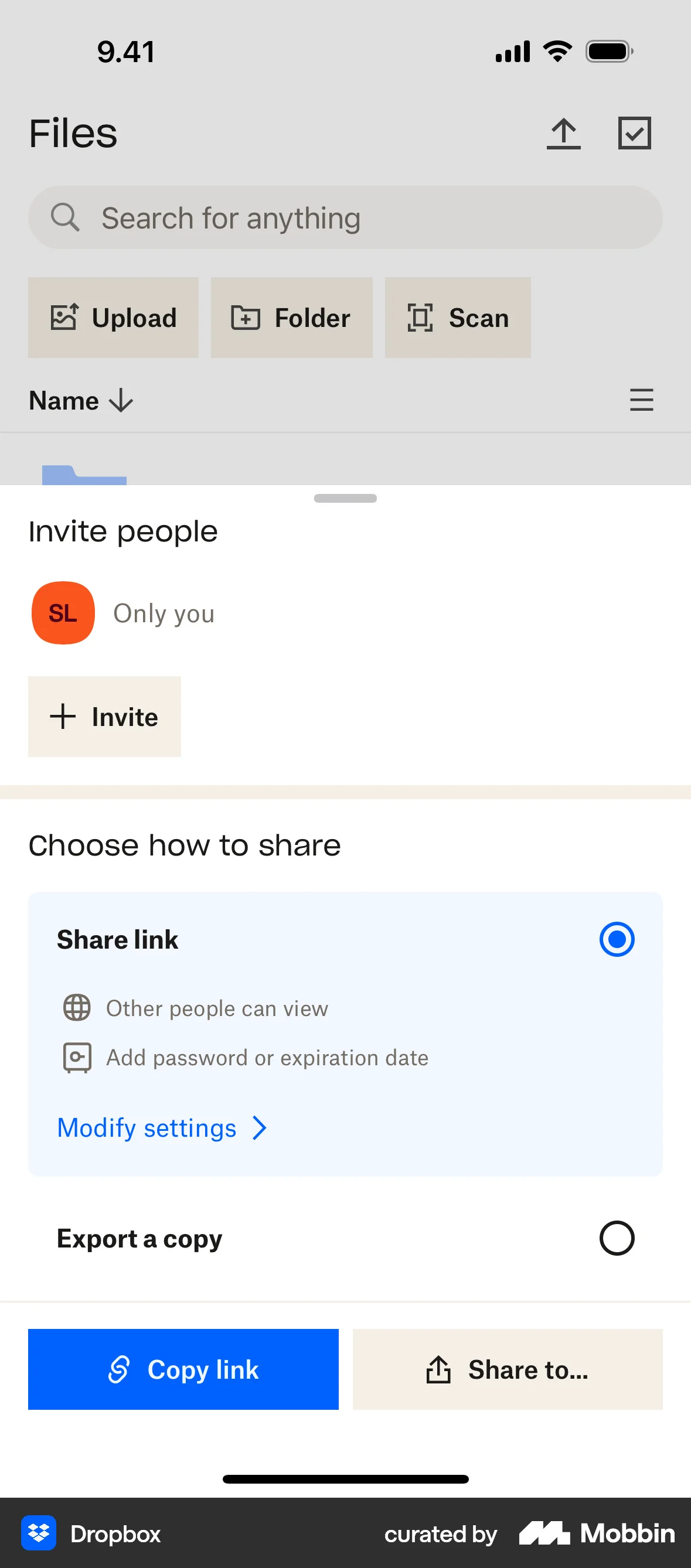 Dropbox iOS Invite Teammates screen