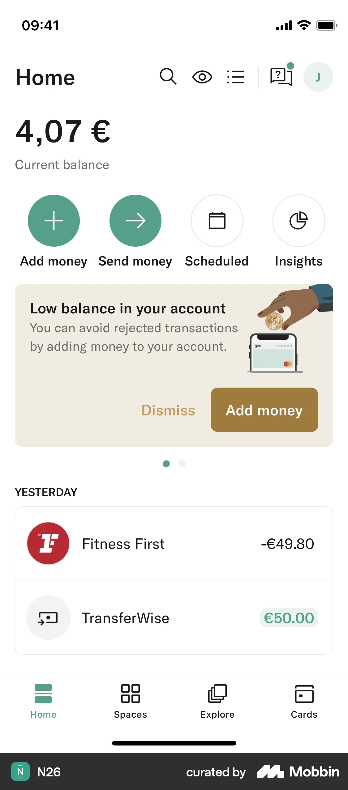 N26 iOS Home screen