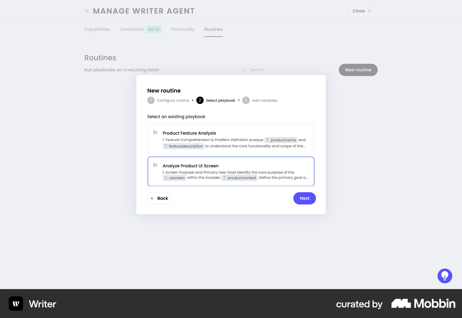 WRITER Web Wizard UI screen
