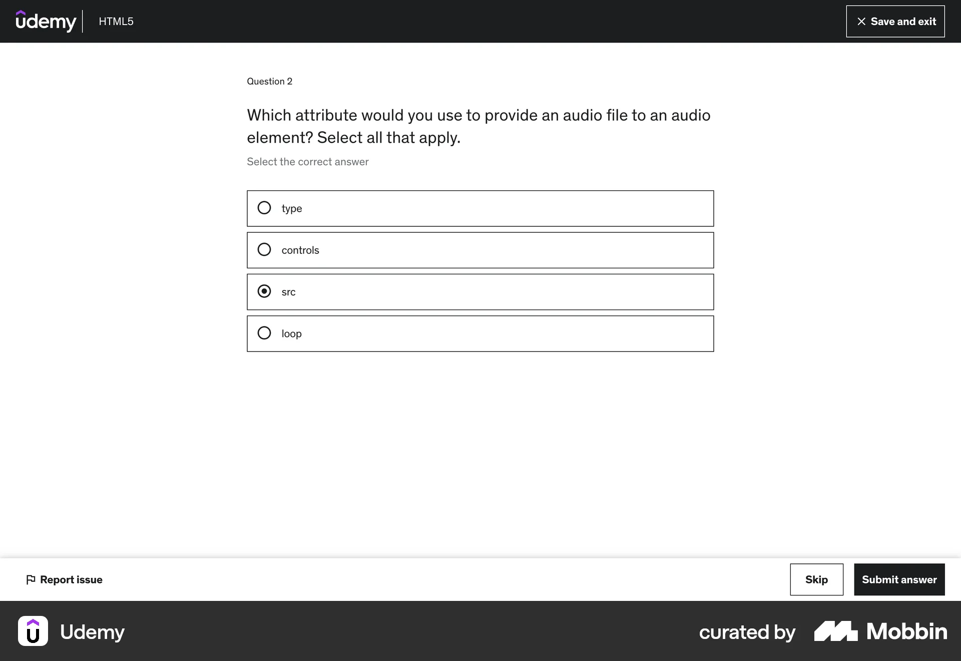 Udemy Web Quiz screen