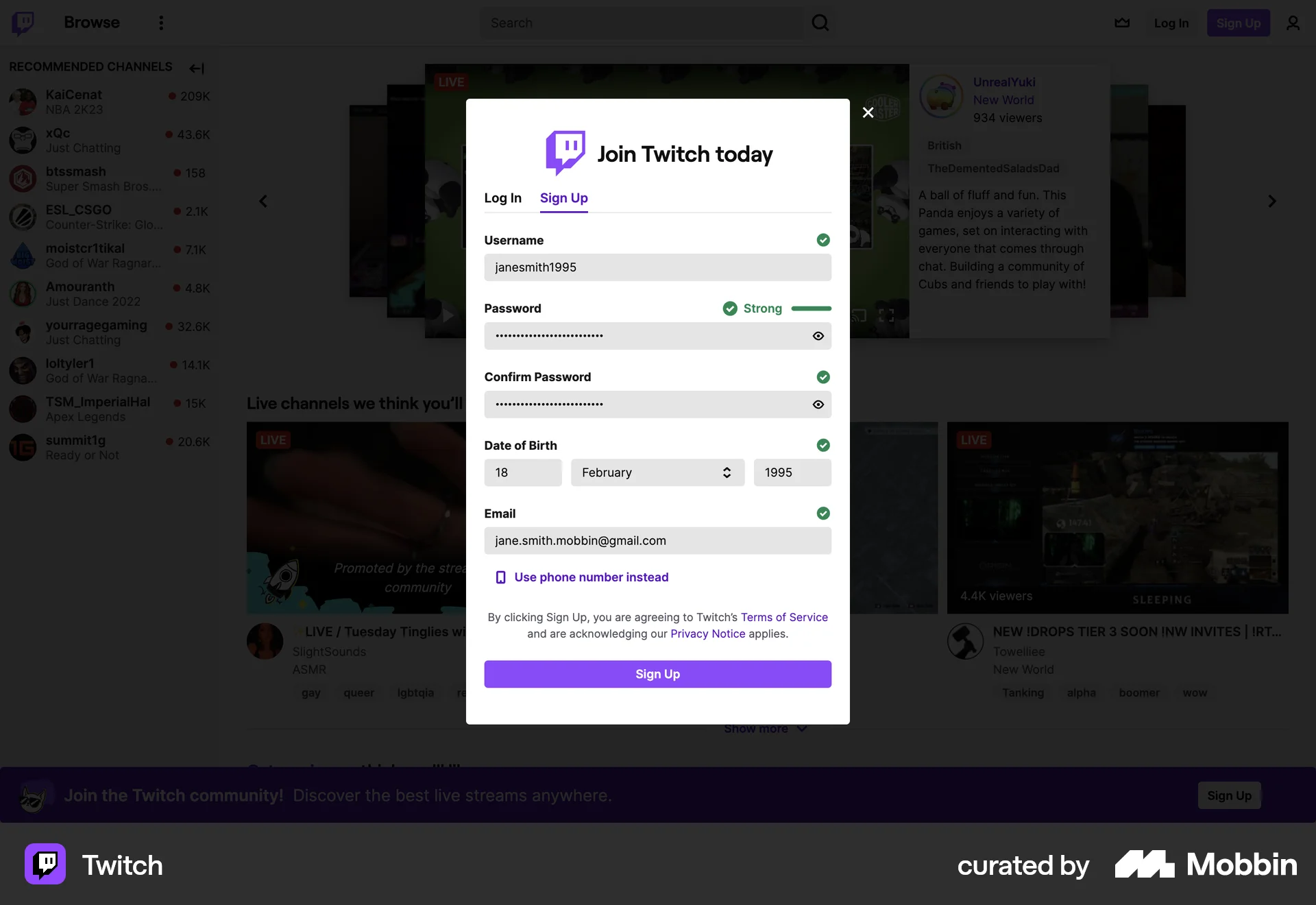 Twitch Web Signup screen