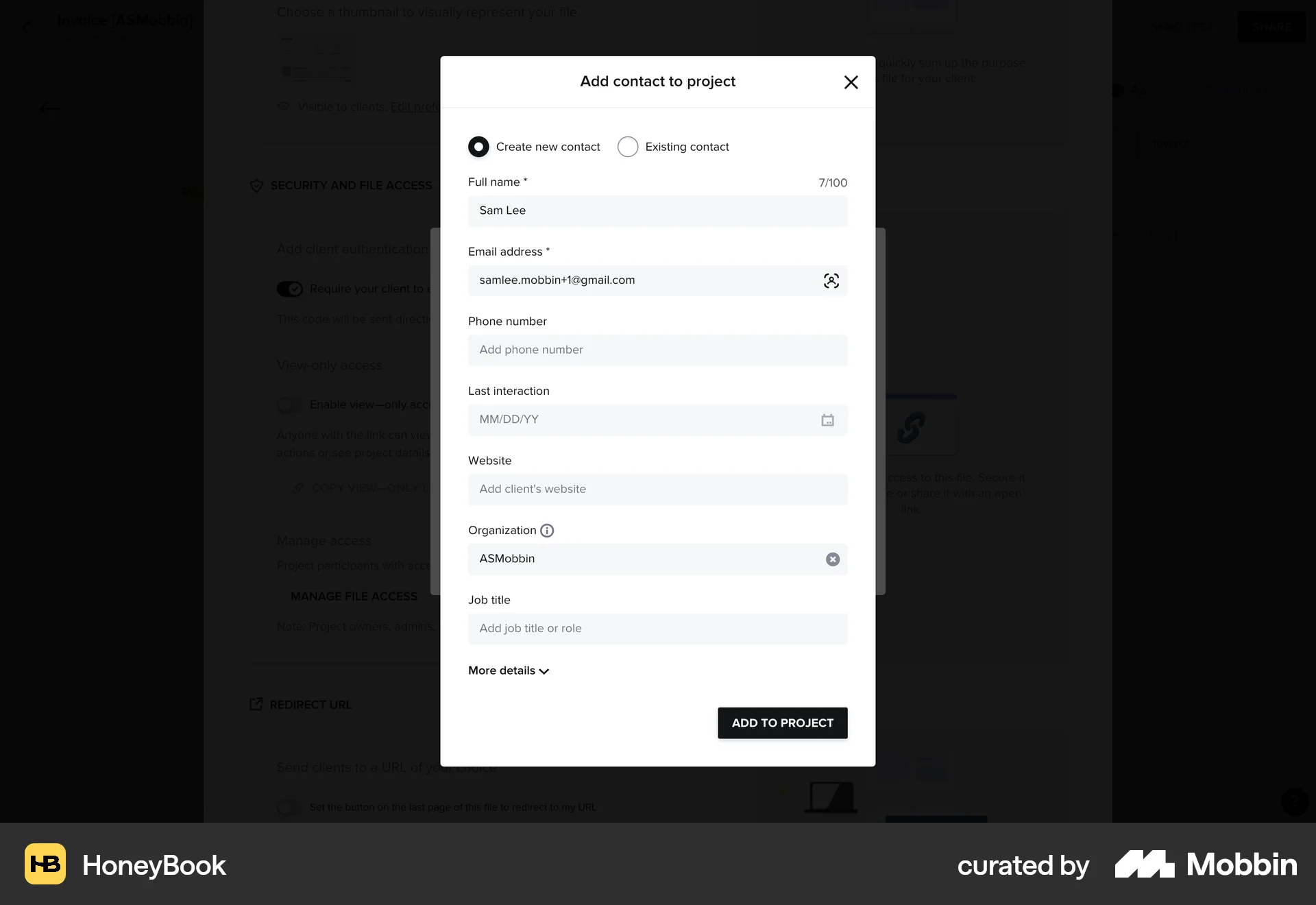 HoneyBook Web screen containing Radio Button UI element