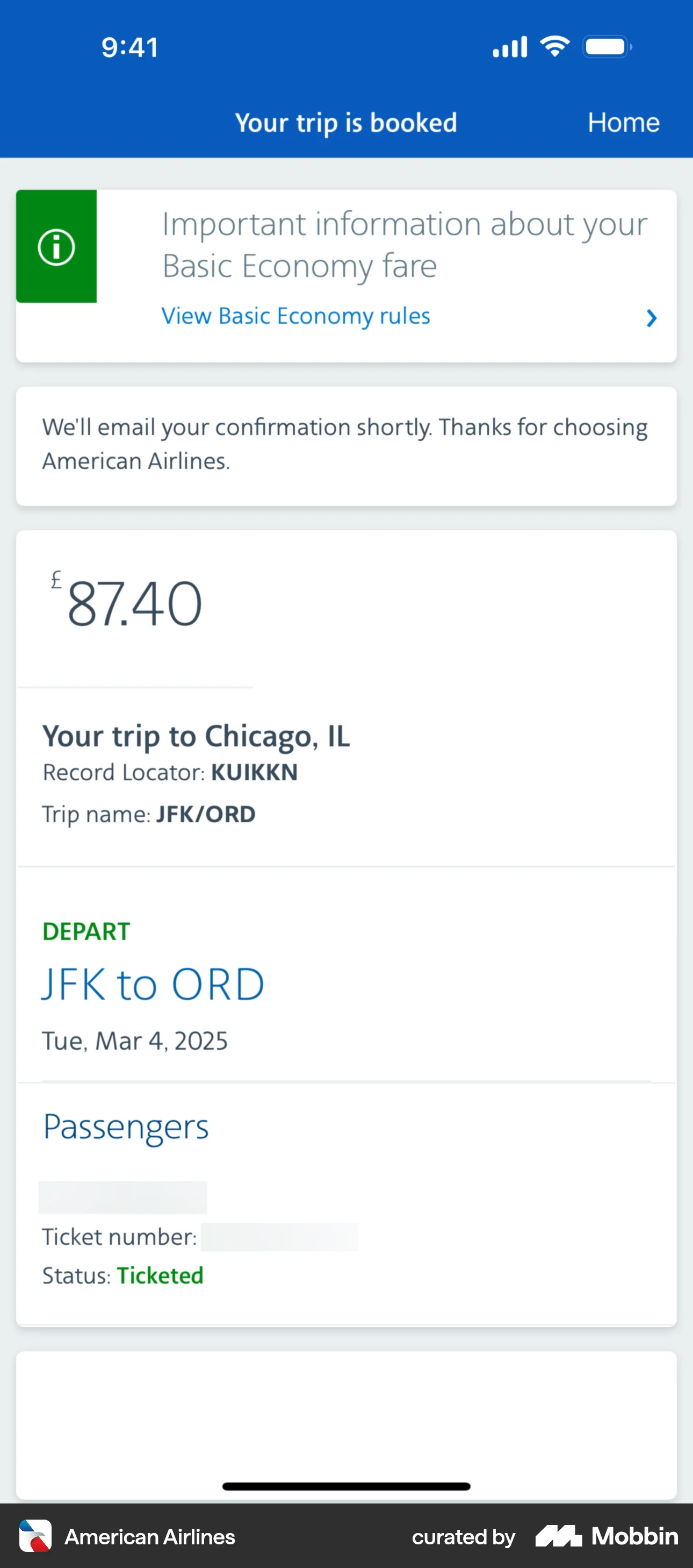 American Airlines iOS Order Confirmation screen