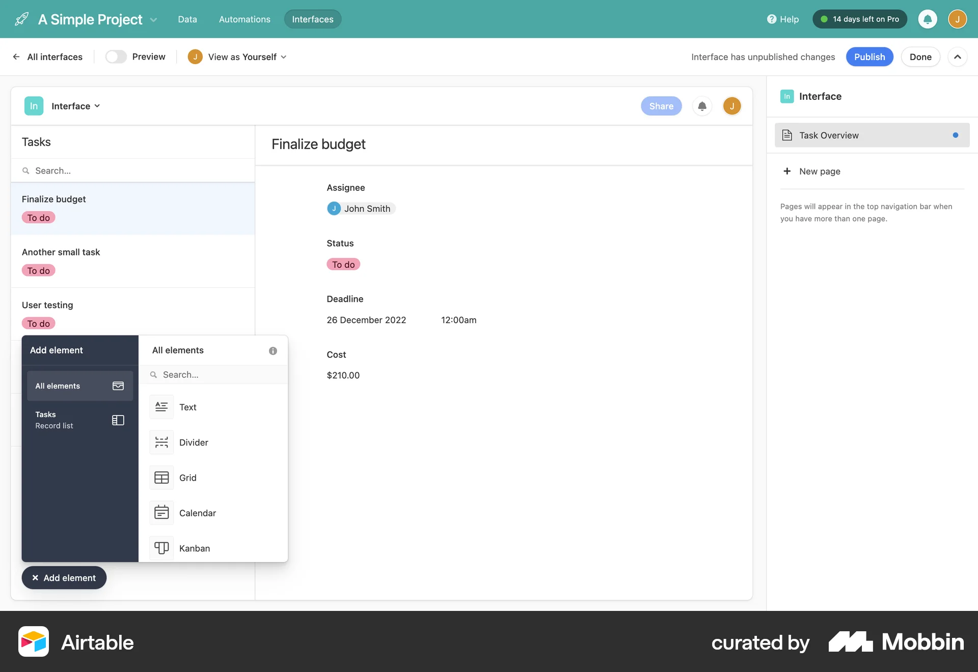 Airtable Web screen containing Popover UI element