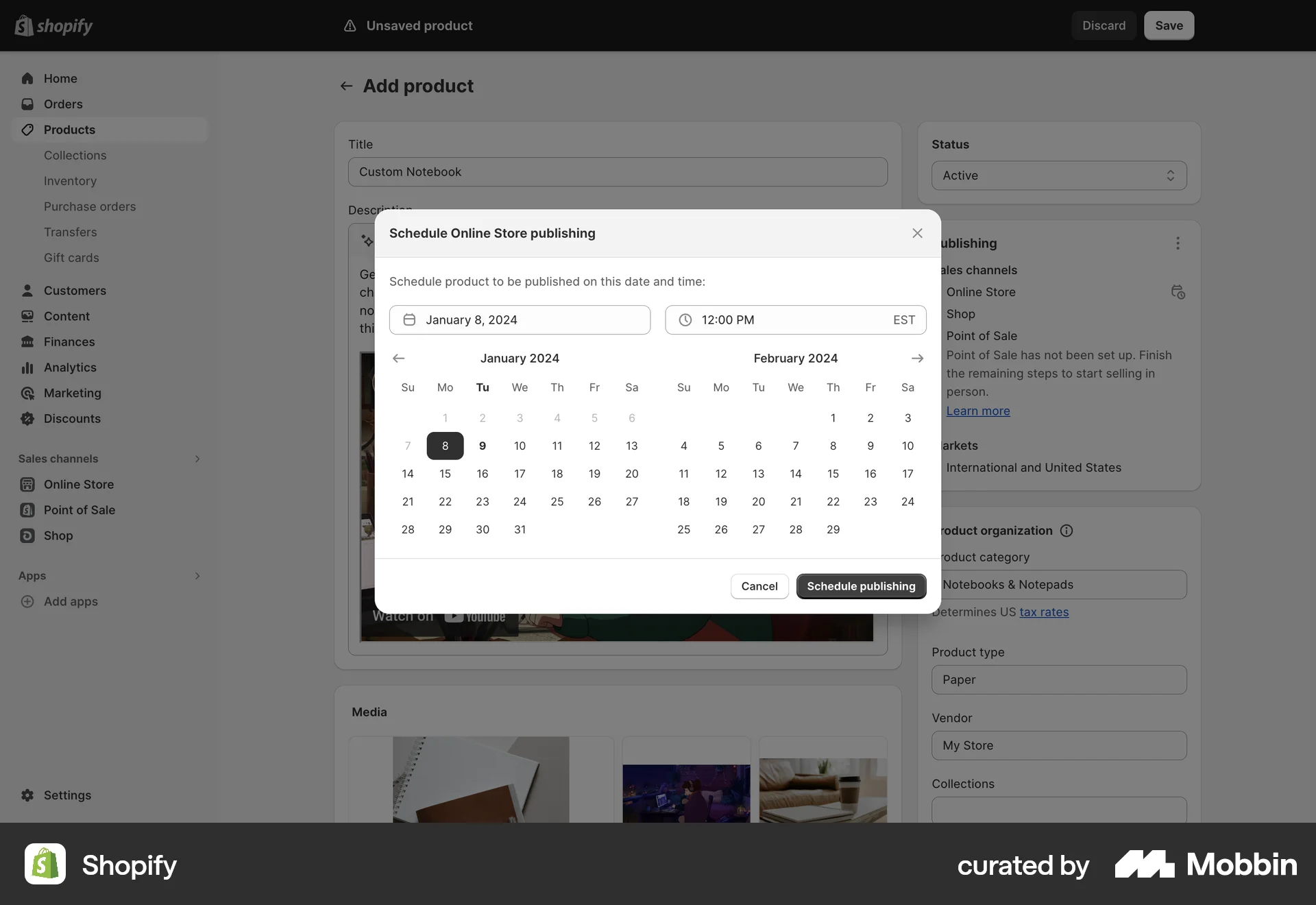 Shopify Web Calendar screen