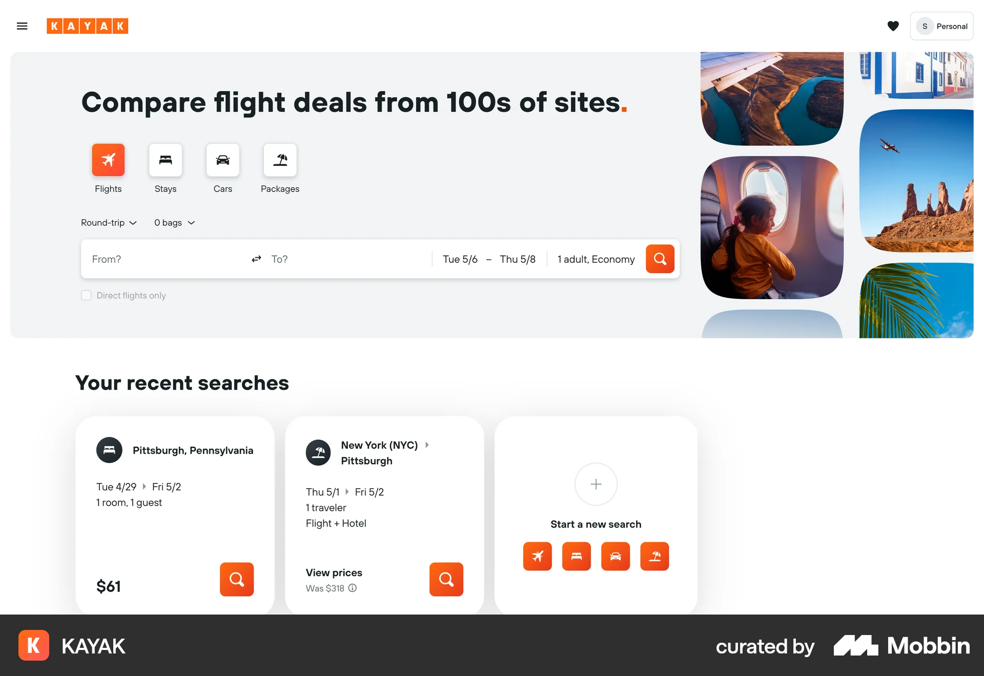 KAYAK Web screen containing Gallery UI element