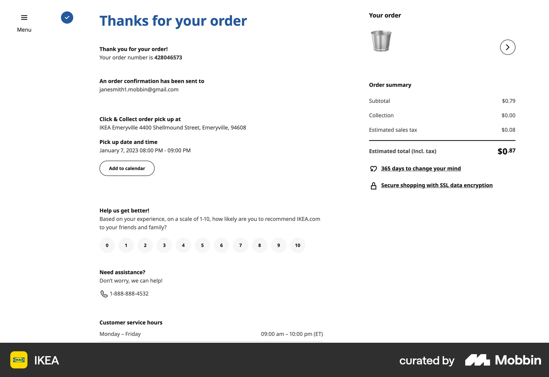 IKEA Web Order Confirmation screen