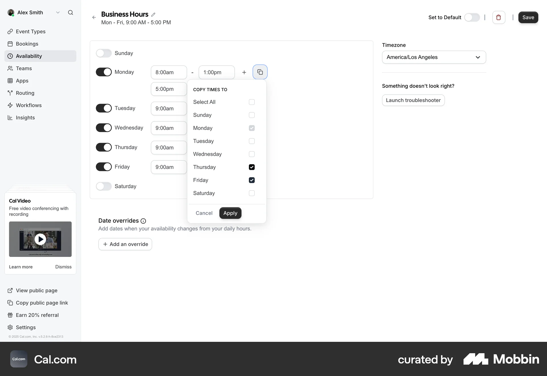 Cal.com Web Time Tracker screen