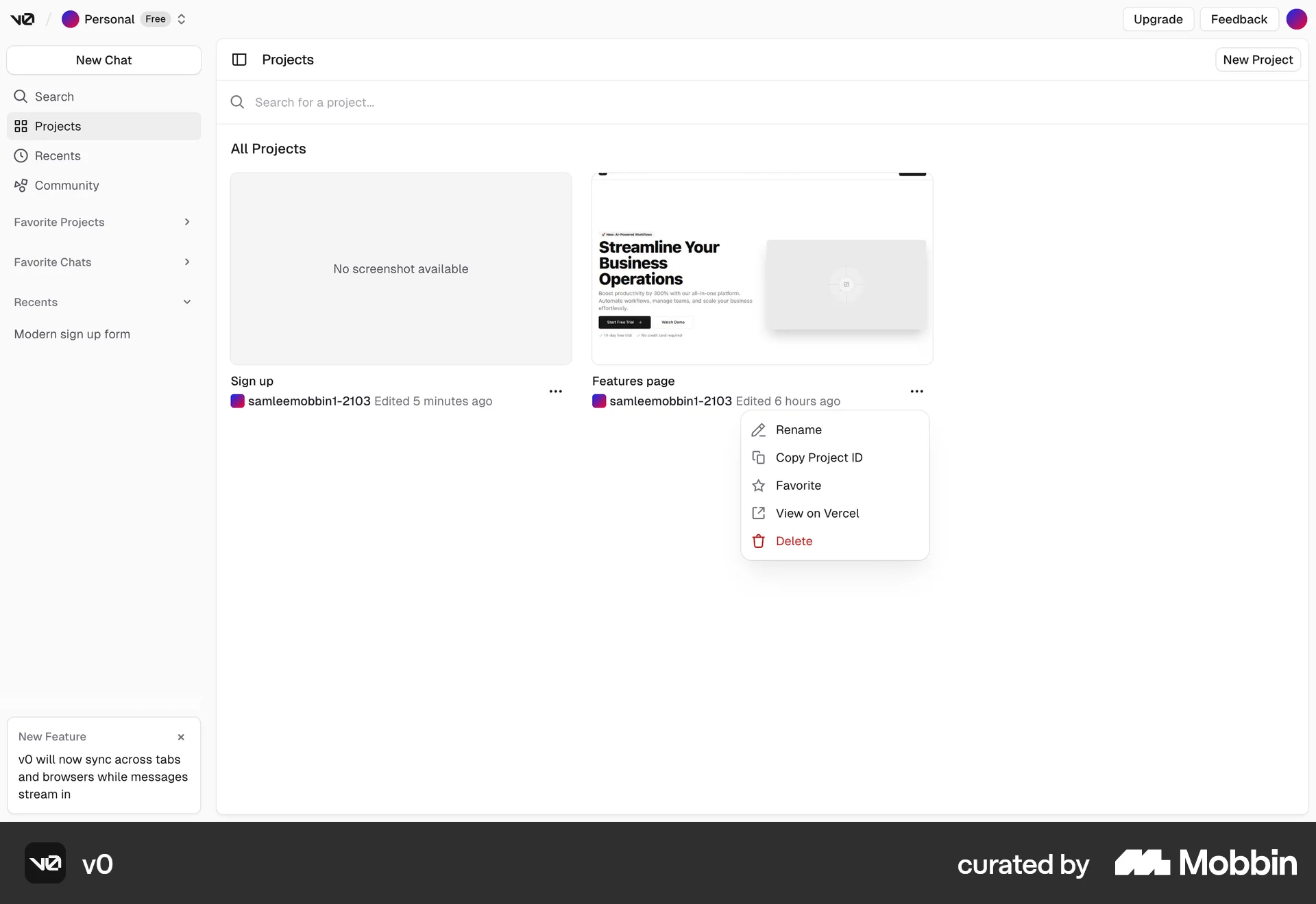 v0 Web Action Option screen